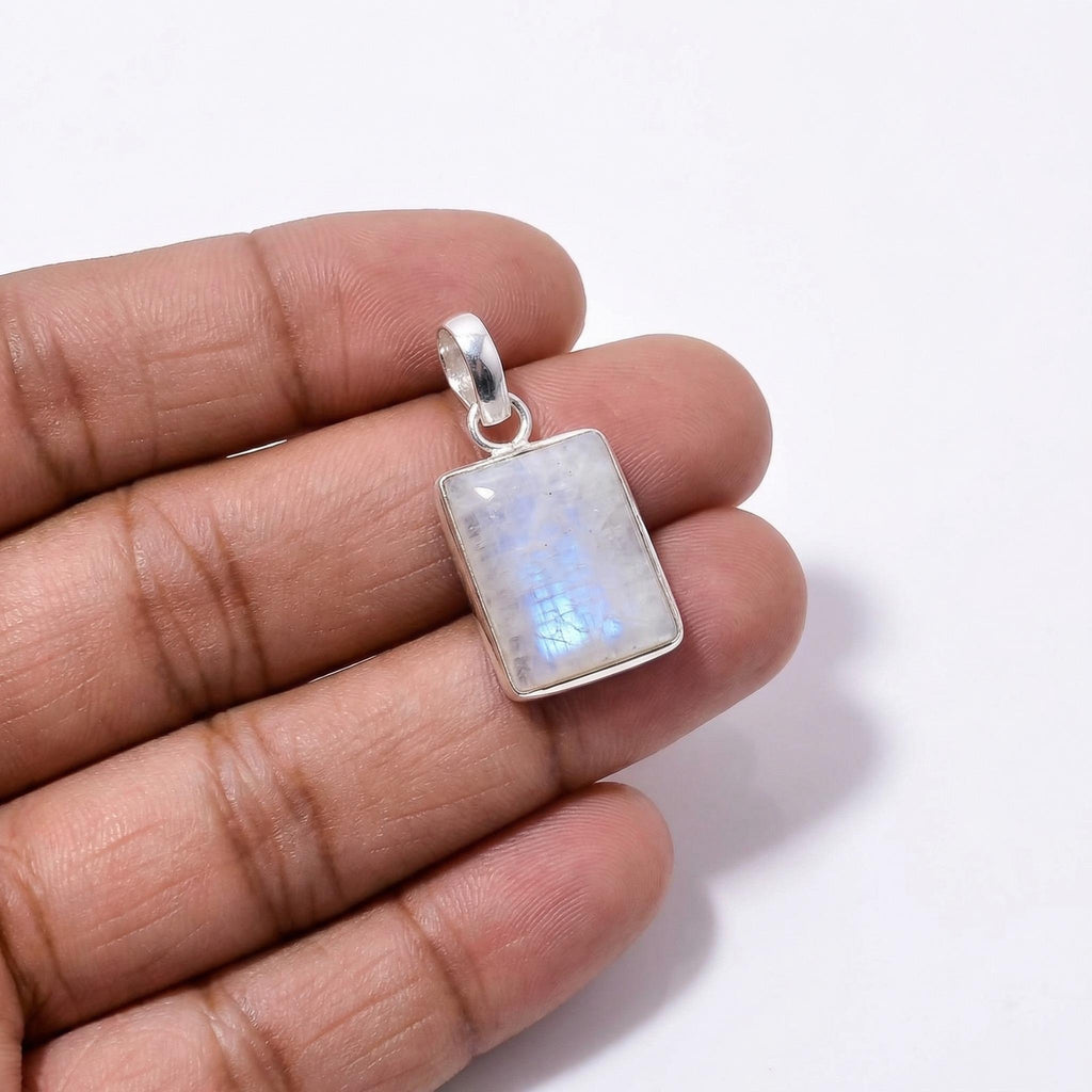 Rectangle Moonstone Pendant – Sterling Silver Boho Gemstone Jewelry