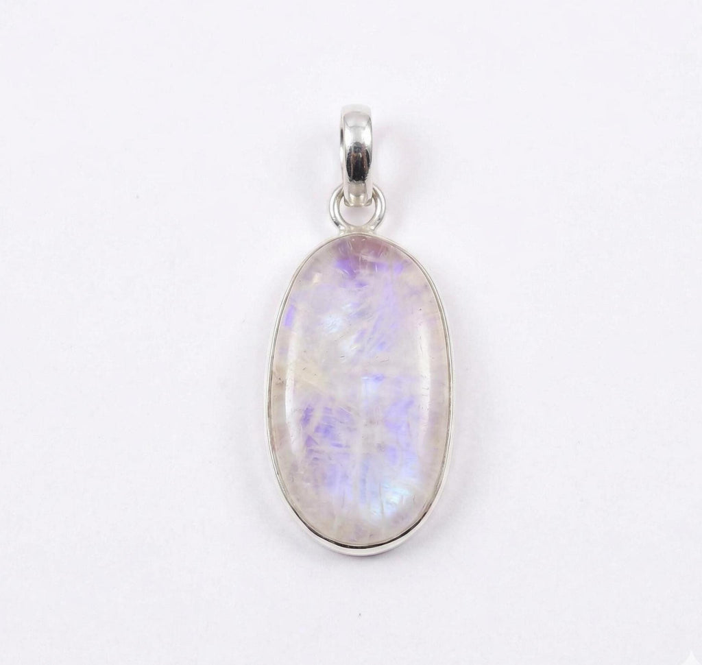 Oval Rainbow Moonstone Pendant – Sterling Silver Boho Gemstone Necklace