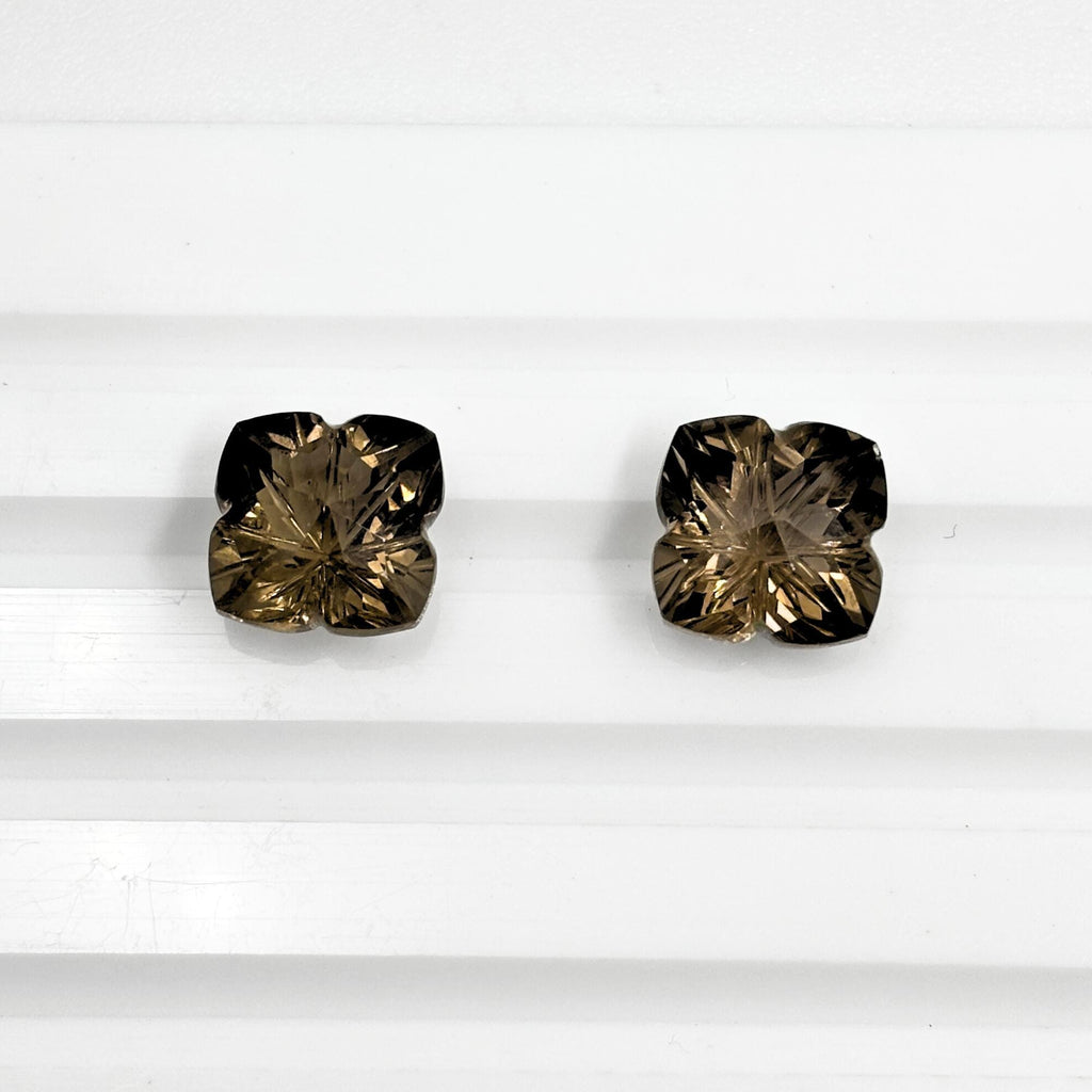 Smoky Quartz Gemstone Pair – Deep Brown Flower Cut Stones