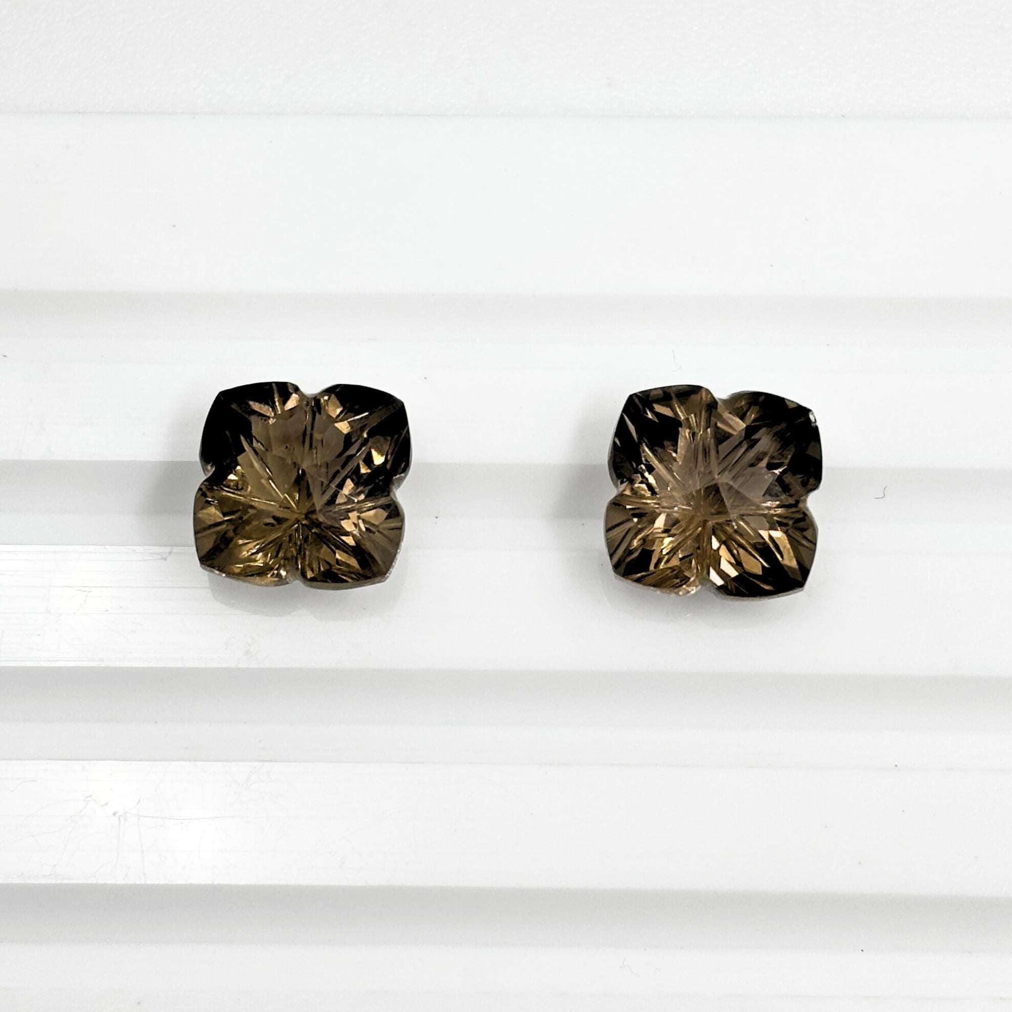 Smoky Quartz Gemstone Pair – Deep Brown Flower Cut Stones