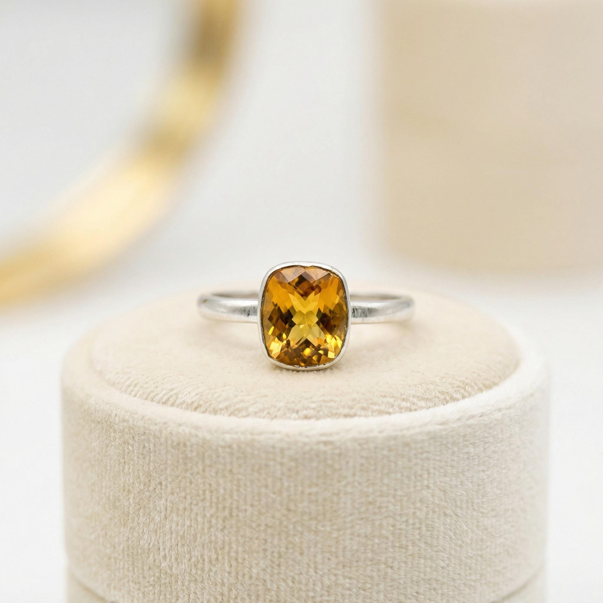 Sterling Silver Cushion Citrine Ring: Handmade Minimalist Gemstone