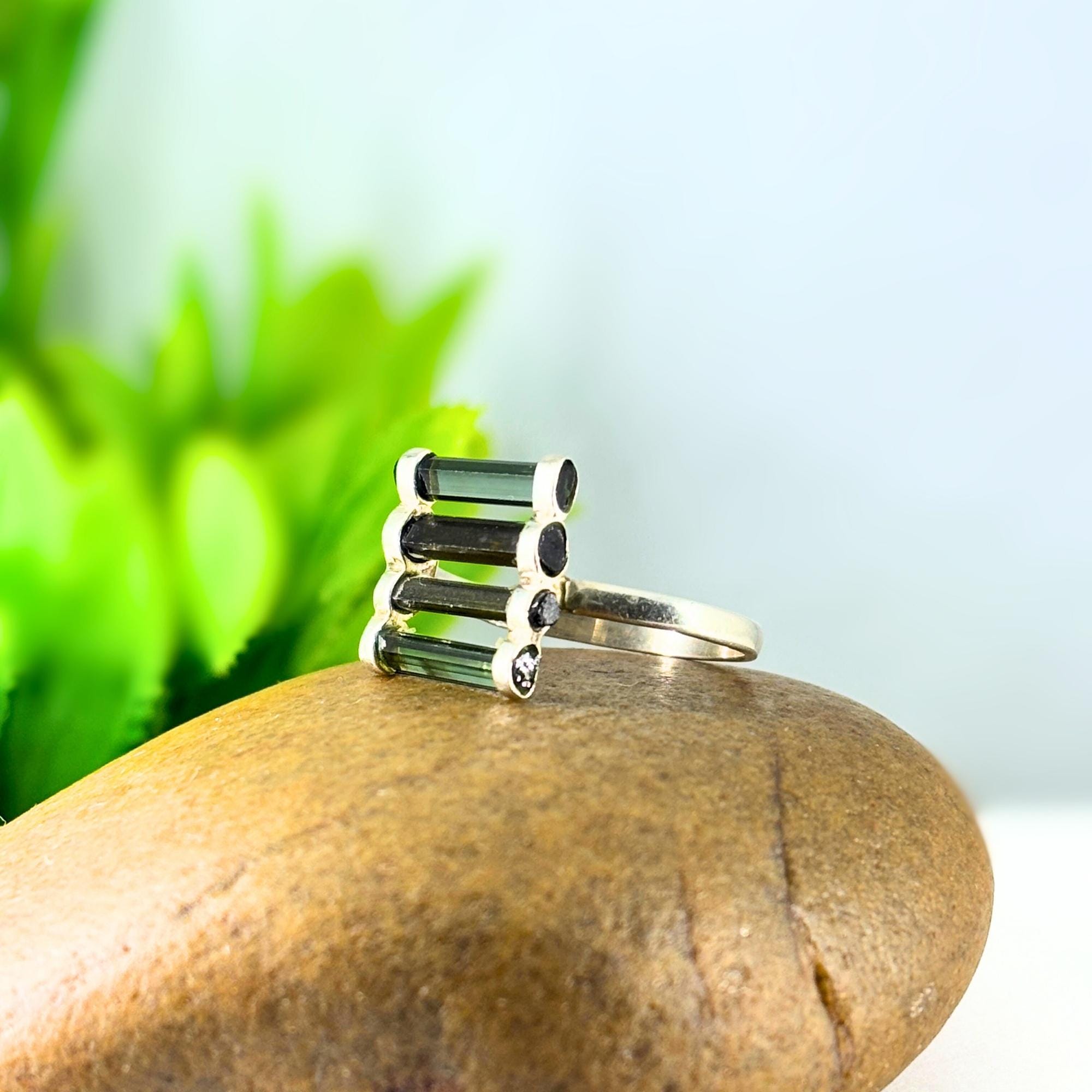 Raw Green Tourmaline Bar Ring: Sterling Silver October Birthstone