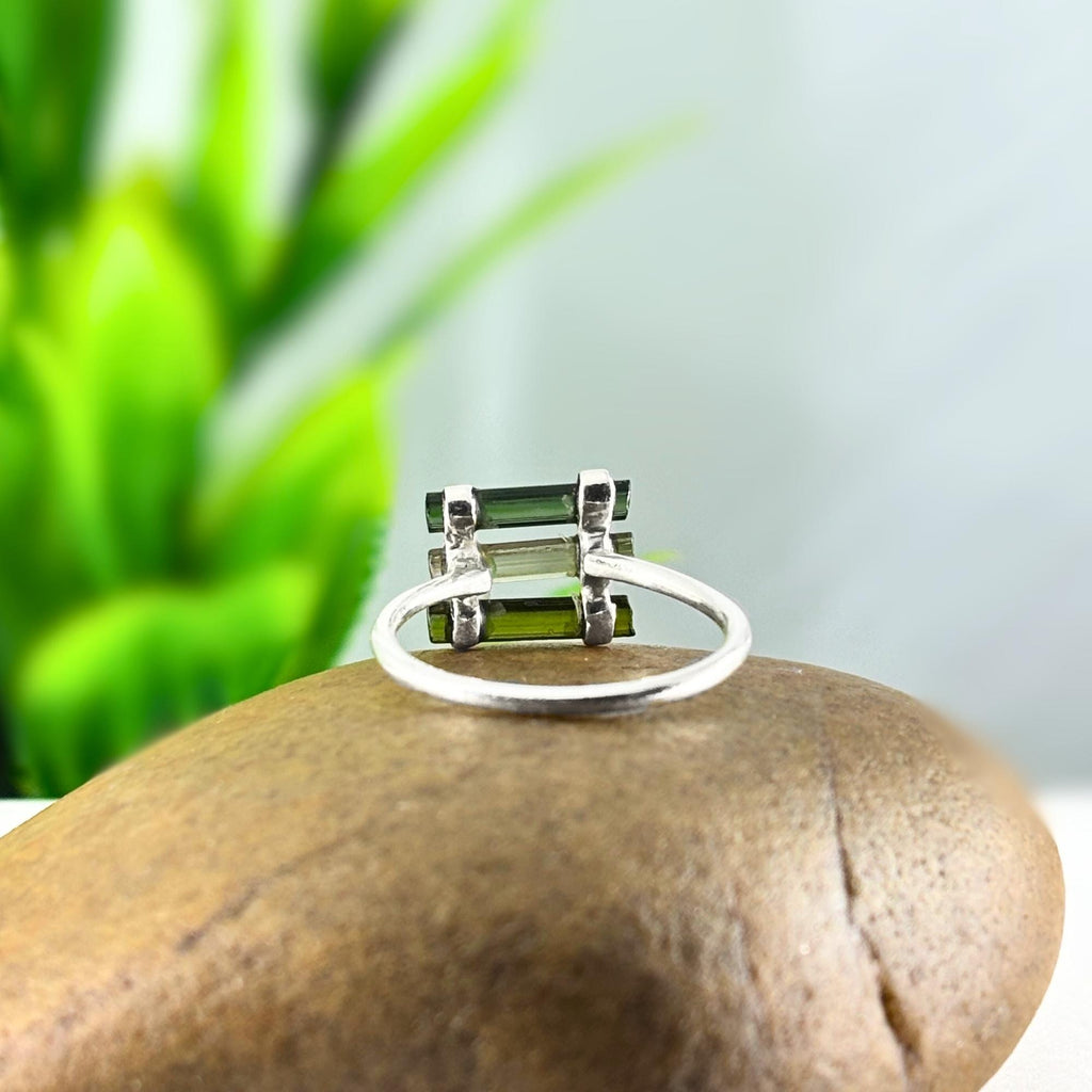 Raw Green Tourmaline Sterling Silver Ring: Handmade Open Band Jewelry