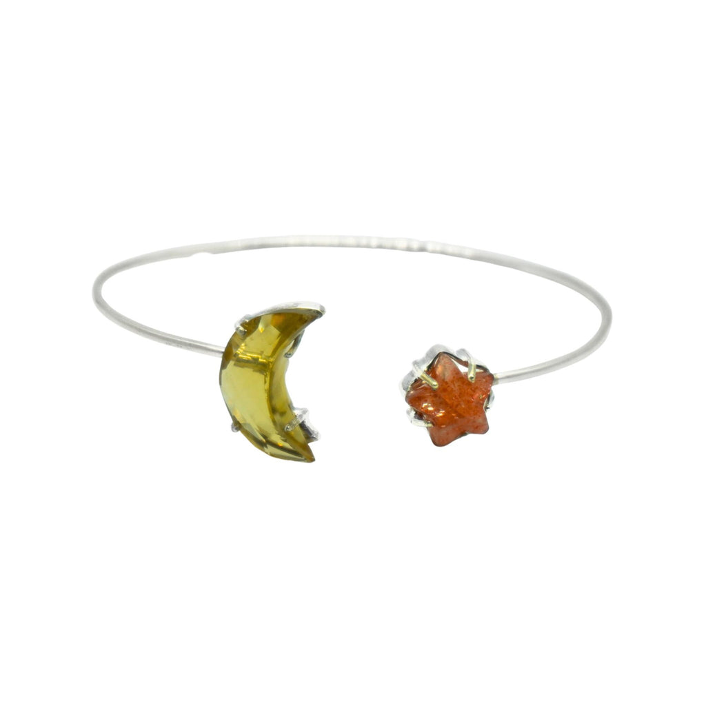 Lemon Topaz Sunstone Moon Star Bracelet | Sterling Silver Celestial Cuff Bangle