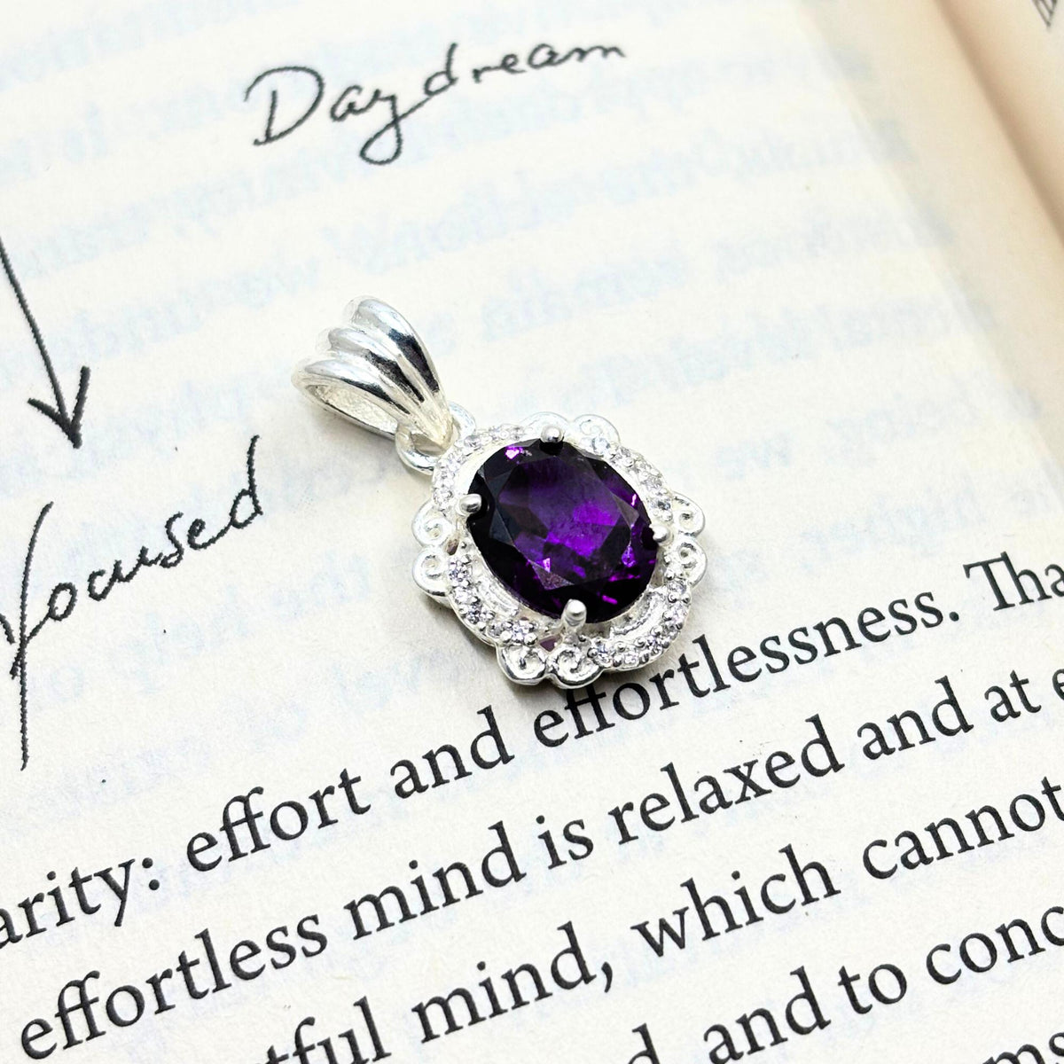 Amethyst CZ Halo Pendant in 925 Sterling Silver – Vintage Style Oval Purple Gemstone Necklace, February Birthstone Jewelry Gift for Her