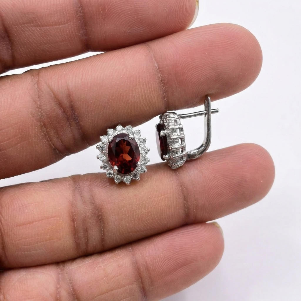 Garnet CZ Stud Earrings 925 Sterling Silver | Oval Gemstone Studs | January Birthstone | Handmade Jewelry