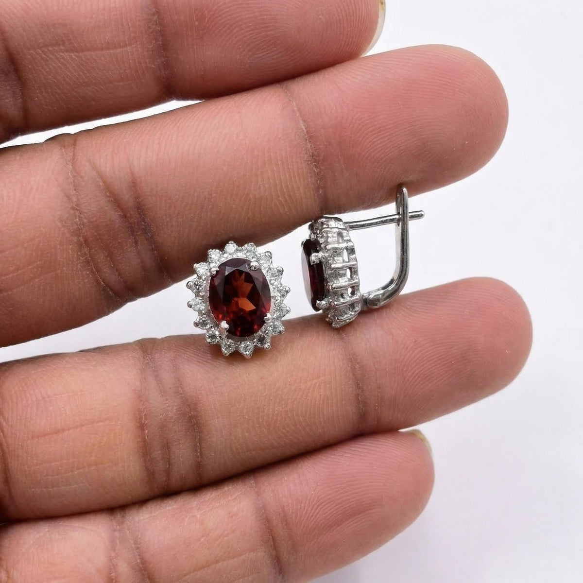 Garnet CZ Stud Earrings 925 Sterling Silver | Oval Gemstone Studs | January Birthstone | Handmade Jewelry
