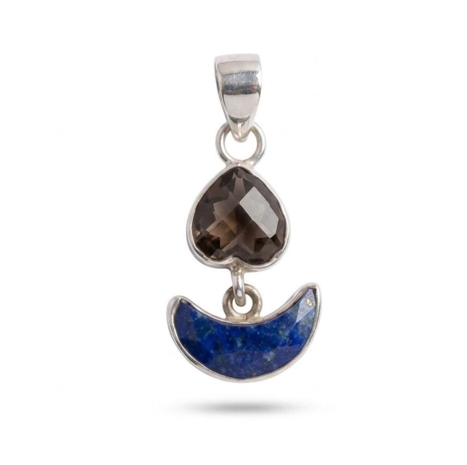 Smoky Quartz Heart & Lapis Lazuli Moon Pendant: Sterling Silver Celestial Charm