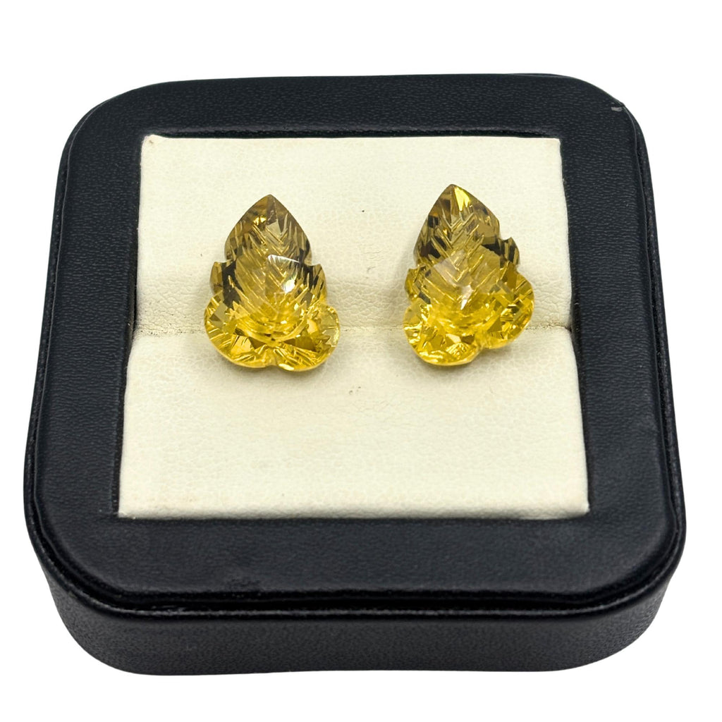 Hand-Carved Lemon Quartz Gemstone Pair – Floral Leaf Cut Stones
