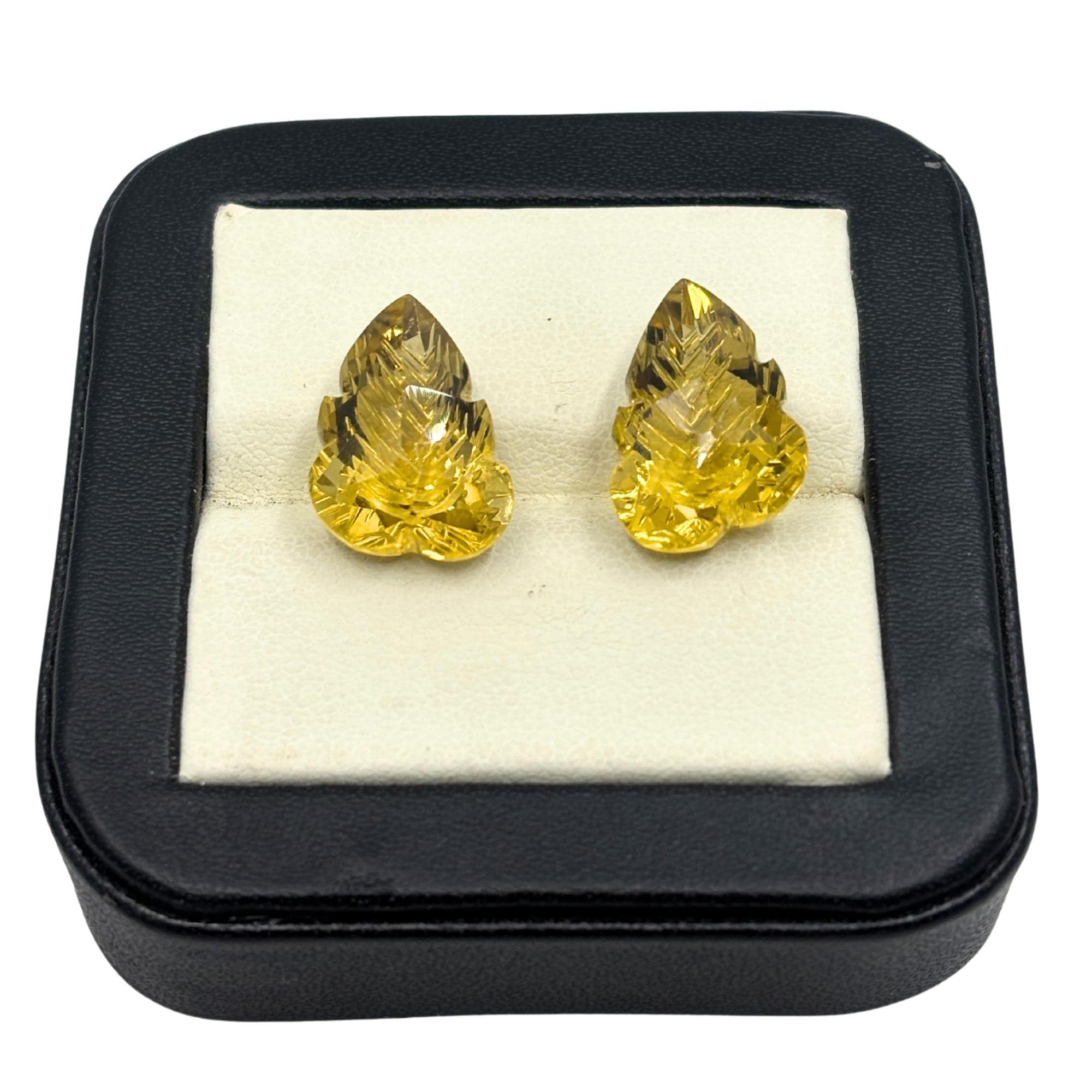 Hand-Carved Lemon Quartz Gemstone Pair – Floral Leaf Cut Stones