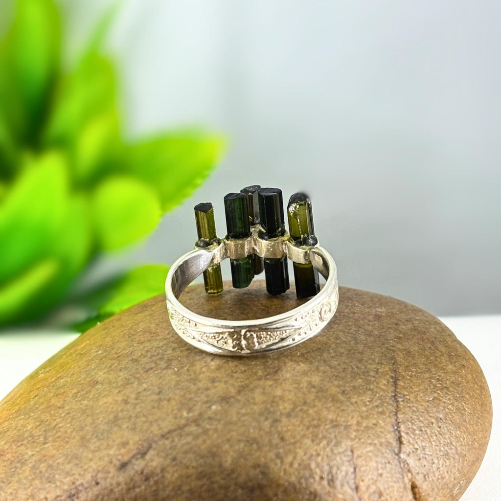 Raw Green Tourmaline Bar Ring: Sterling Silver Minimalist Stacking Ring