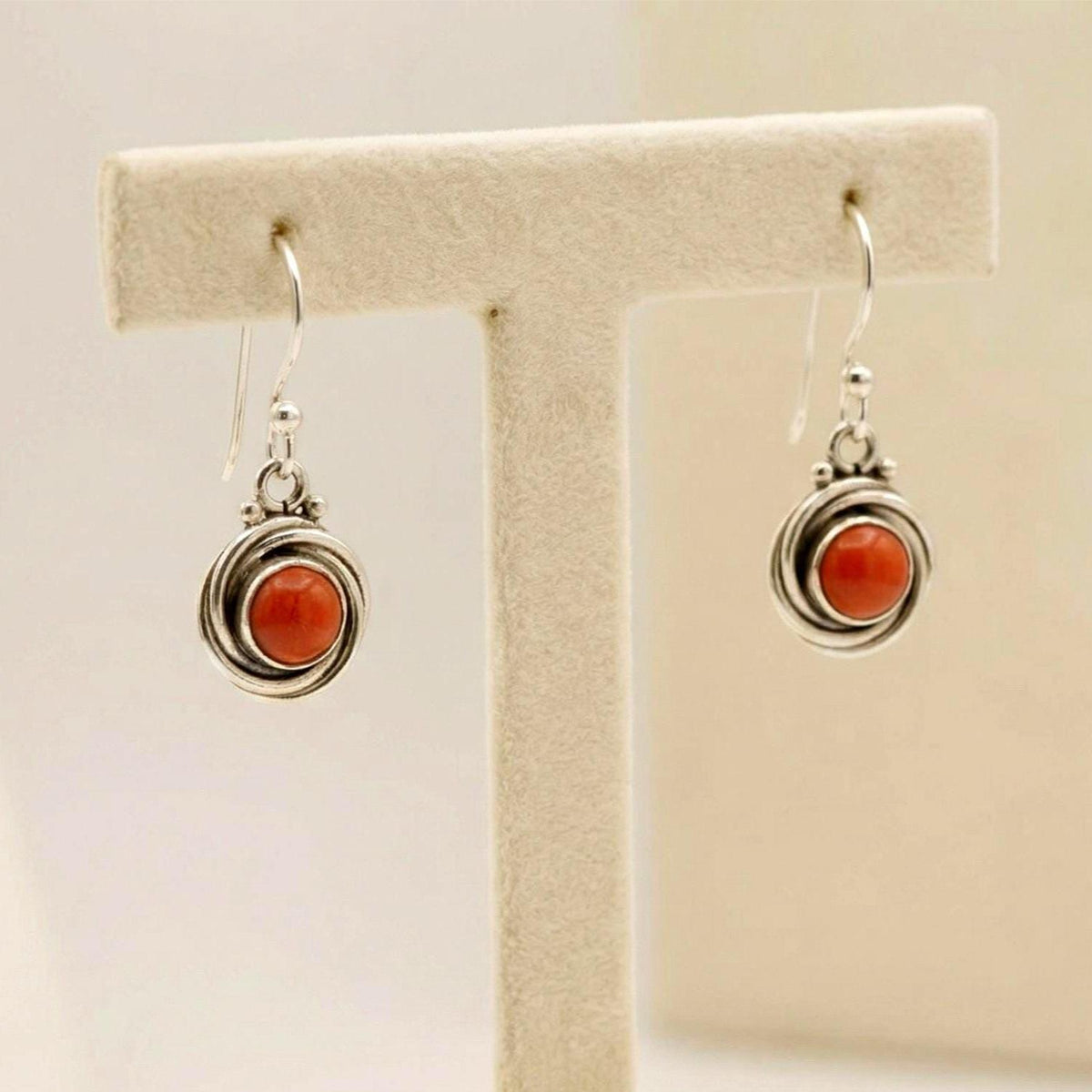 Red Coral Spiral Bezel Drop Earrings | Sterling Silver Boho Dangle Jewelry