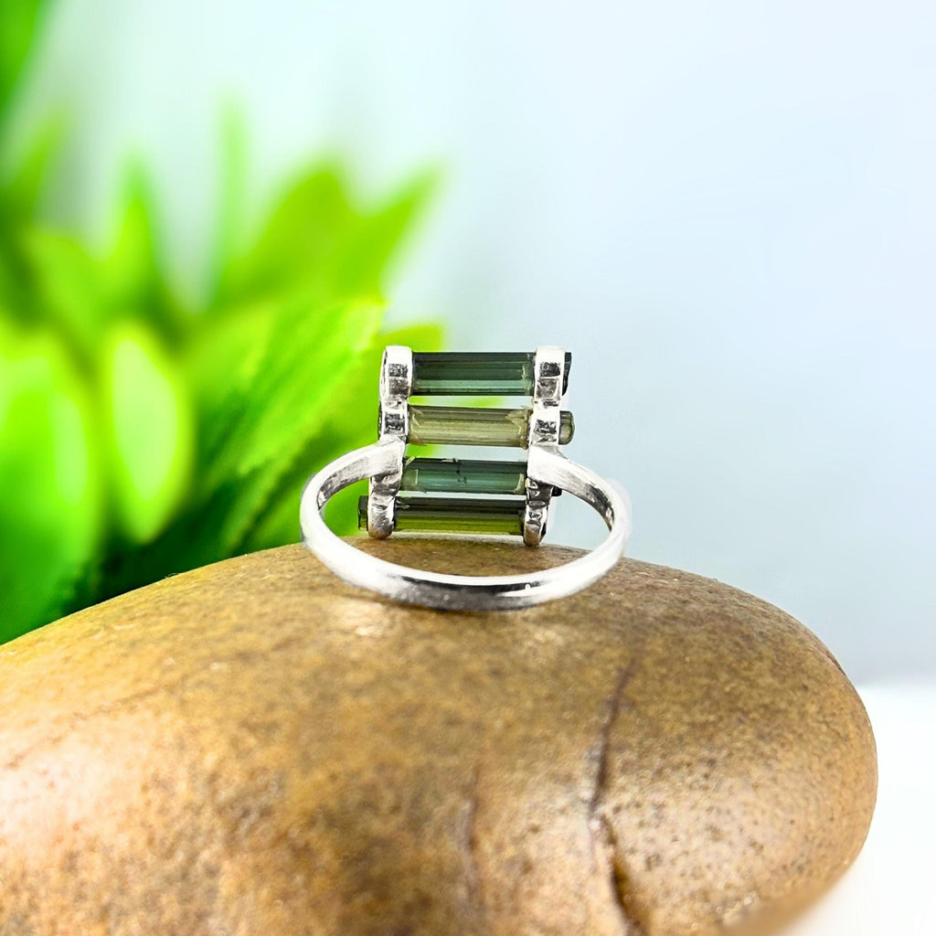 Raw Green Tourmaline Bar Ring: Sterling Silver October Birthstone