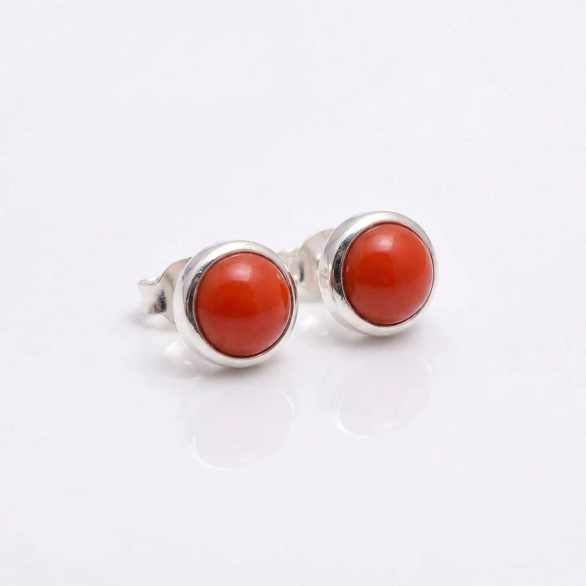 Red Coral Stud Earrings 925 Sterling Silver | Round Gemstone Studs | January Birthstone | Minimalist Jewelry