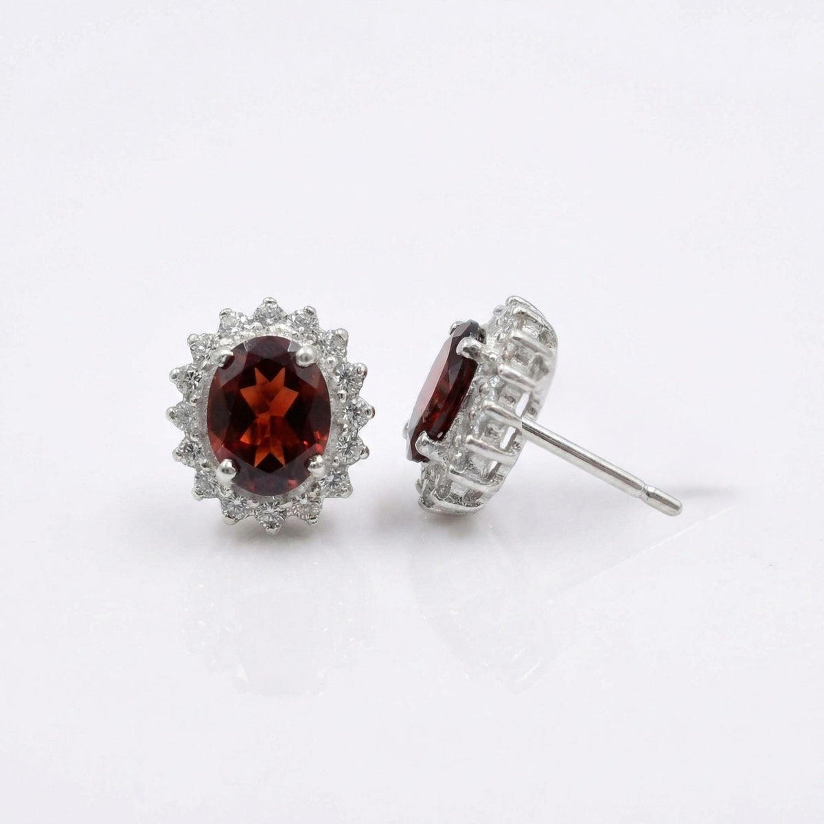 Garnet CZ Stud Earrings 925 Sterling Silver | Oval Gemstone Studs | January Birthstone | Handmade Jewelry