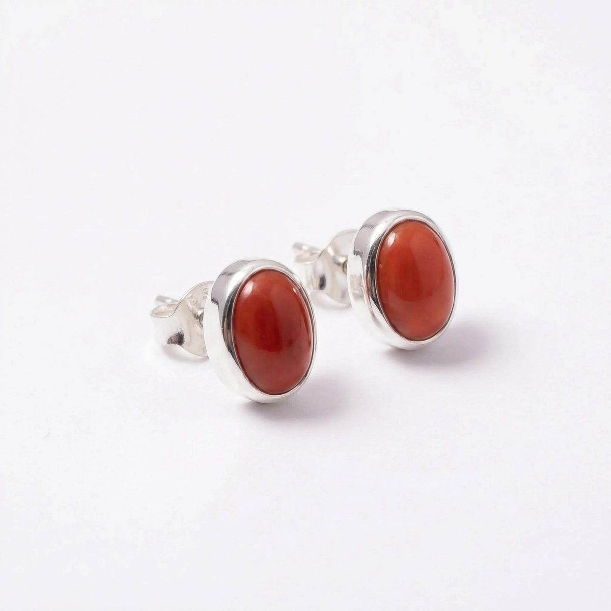 Red Coral Stud Earrings 925 Sterling Silver | Oval Gemstone Studs | January Birthstone | Minimalist Jewelry