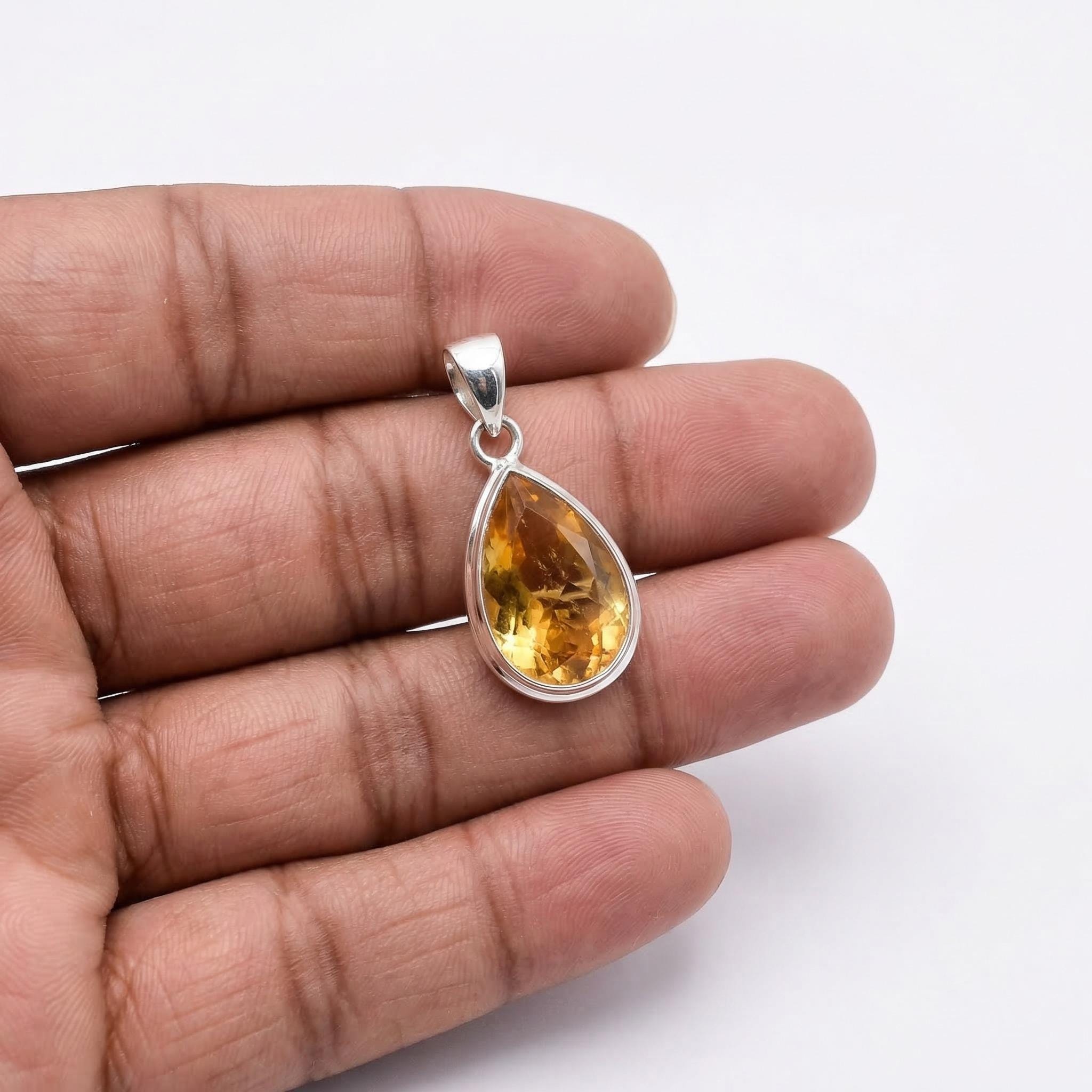 Pear Citrine Sterling Silver Pendant – November Birthstone Golden Teardrop Charm