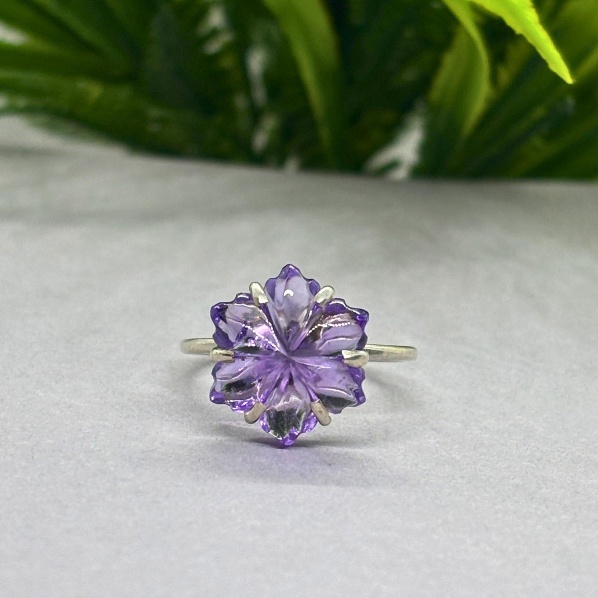 Amethyst Flower Ring: Carved Gemstone, 925 Sterling Silver, Boho Floral