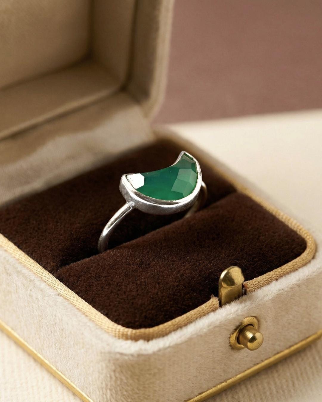 Green Onyx Moon Ring: 925 Sterling Silver Boho Jewelry