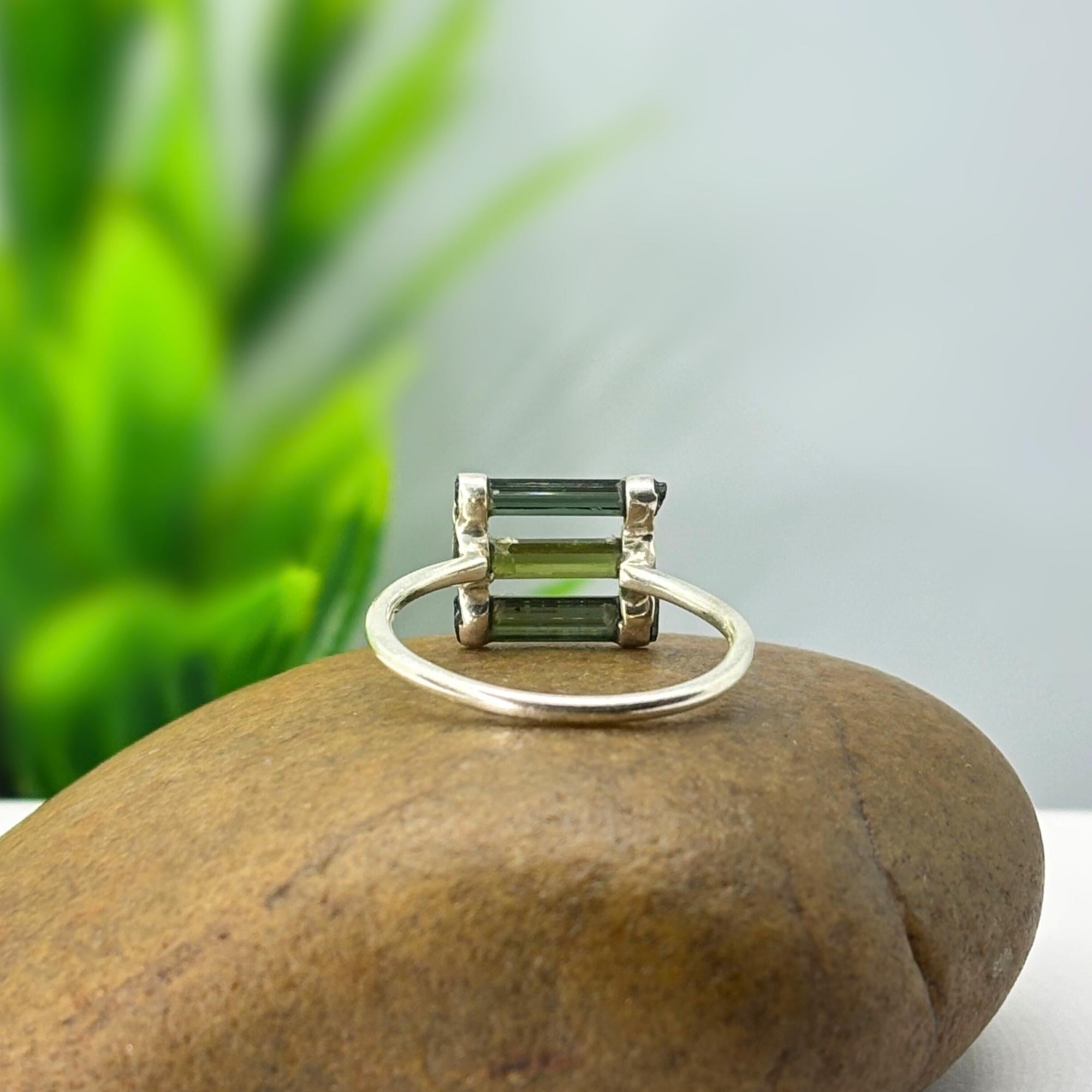 Raw Green Tourmaline Bar Ring: Sterling Silver Stacking Gemstone