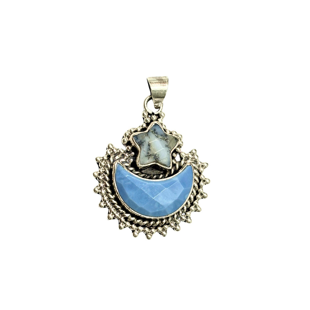 Blue Opal Moon & Dendritic Agate Star Pendant: Sterling Silver Celestial Charm