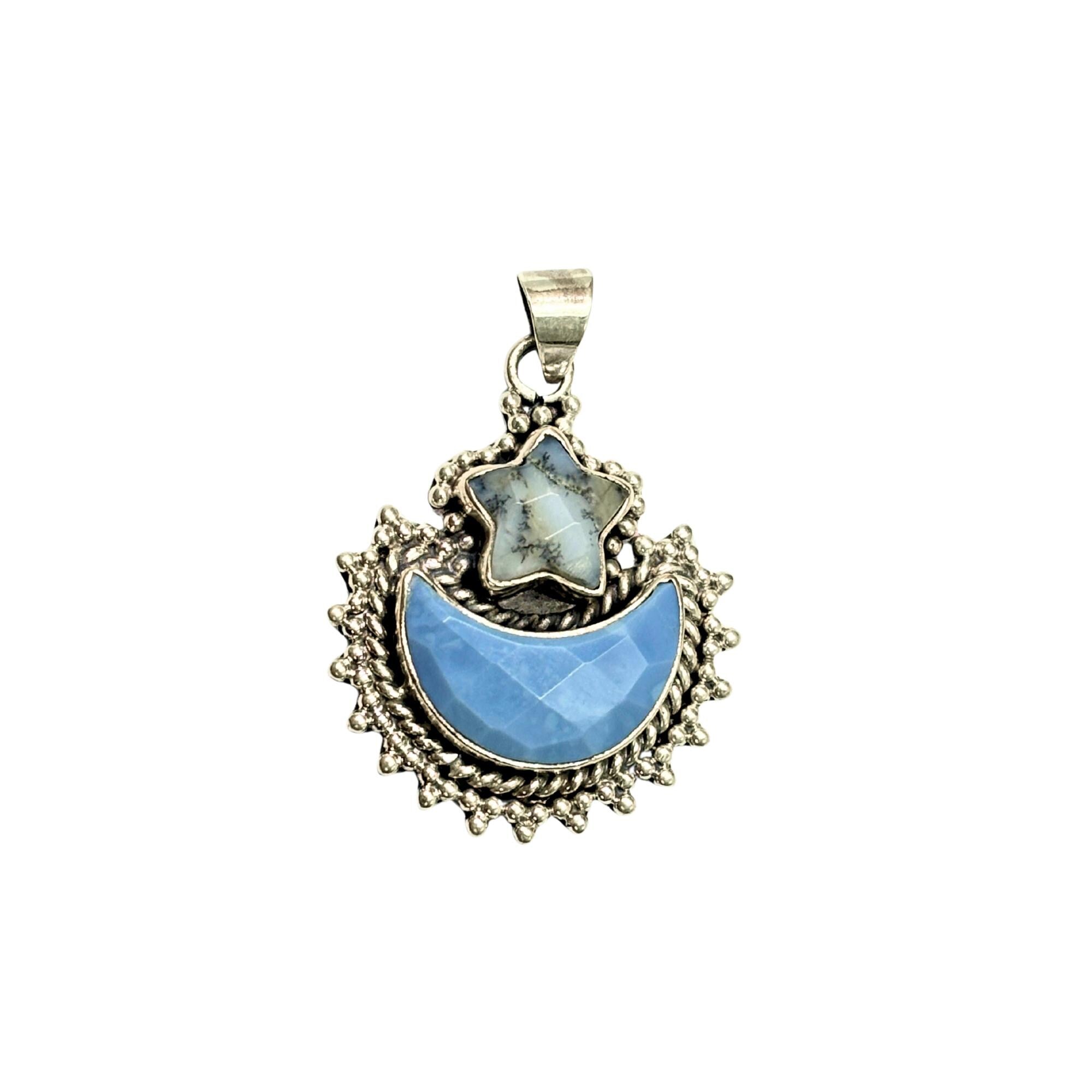 Blue Opal Moon & Dendritic Agate Star Pendant: Sterling Silver Celestial Charm