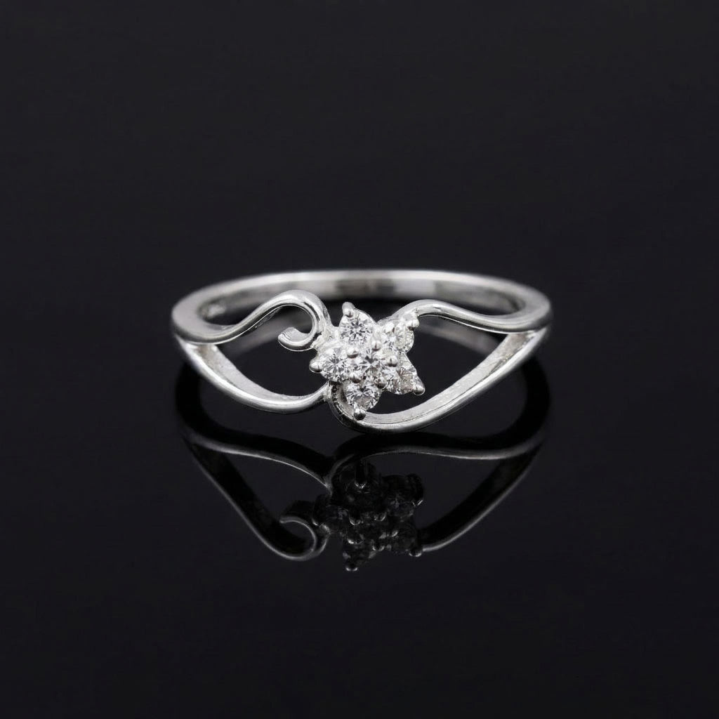Sterling Silver Floral Cluster Ring • Romantic Heart Swirl Band, CZ Stones