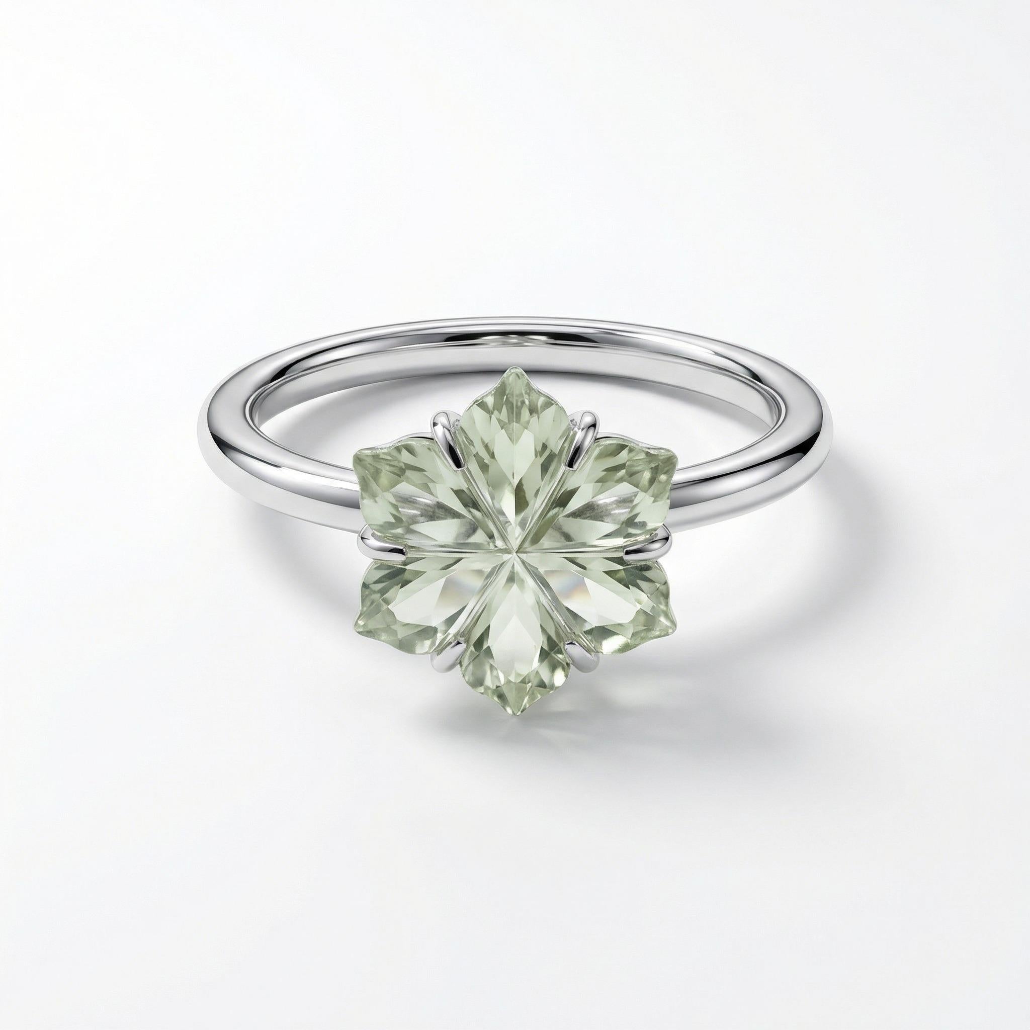 Green Amethyst Flower Ring: Carved Gemstone, 925 Sterling Silver, Boho Floral