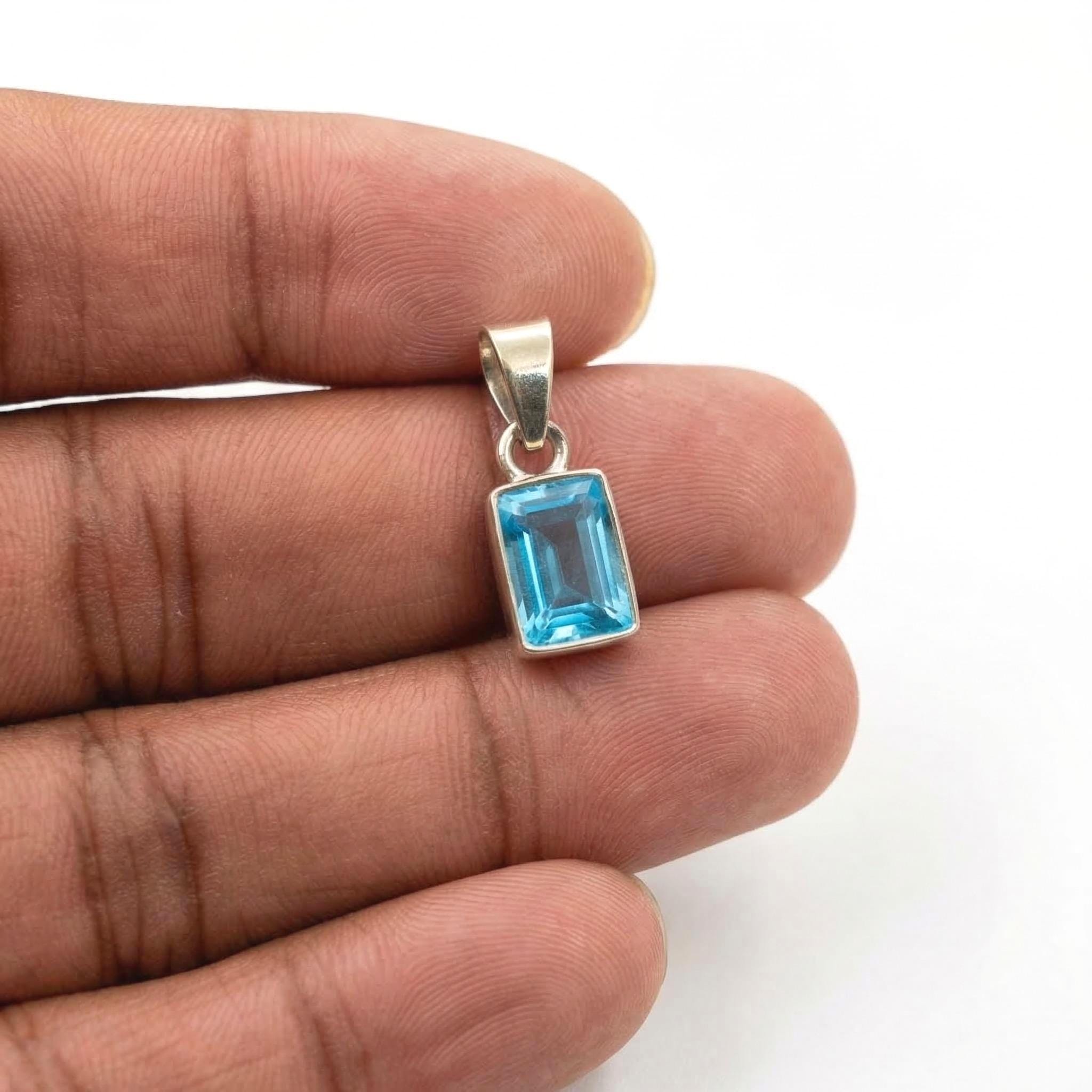 Emerald Cut Blue Topaz Pendant – Minimalist Sterling Silver Sky Blue Necklace