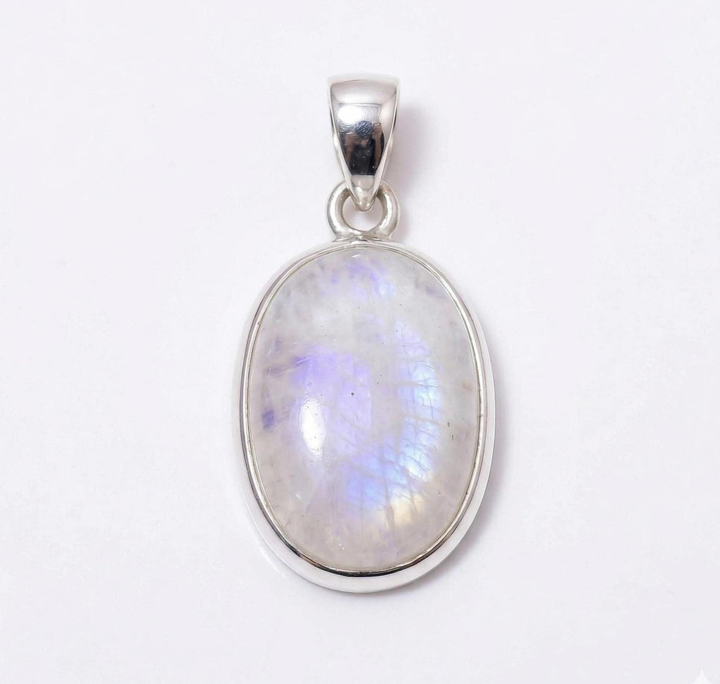 Oval Rainbow Moonstone Pendant – Sterling Silver Boho Gemstone Necklace