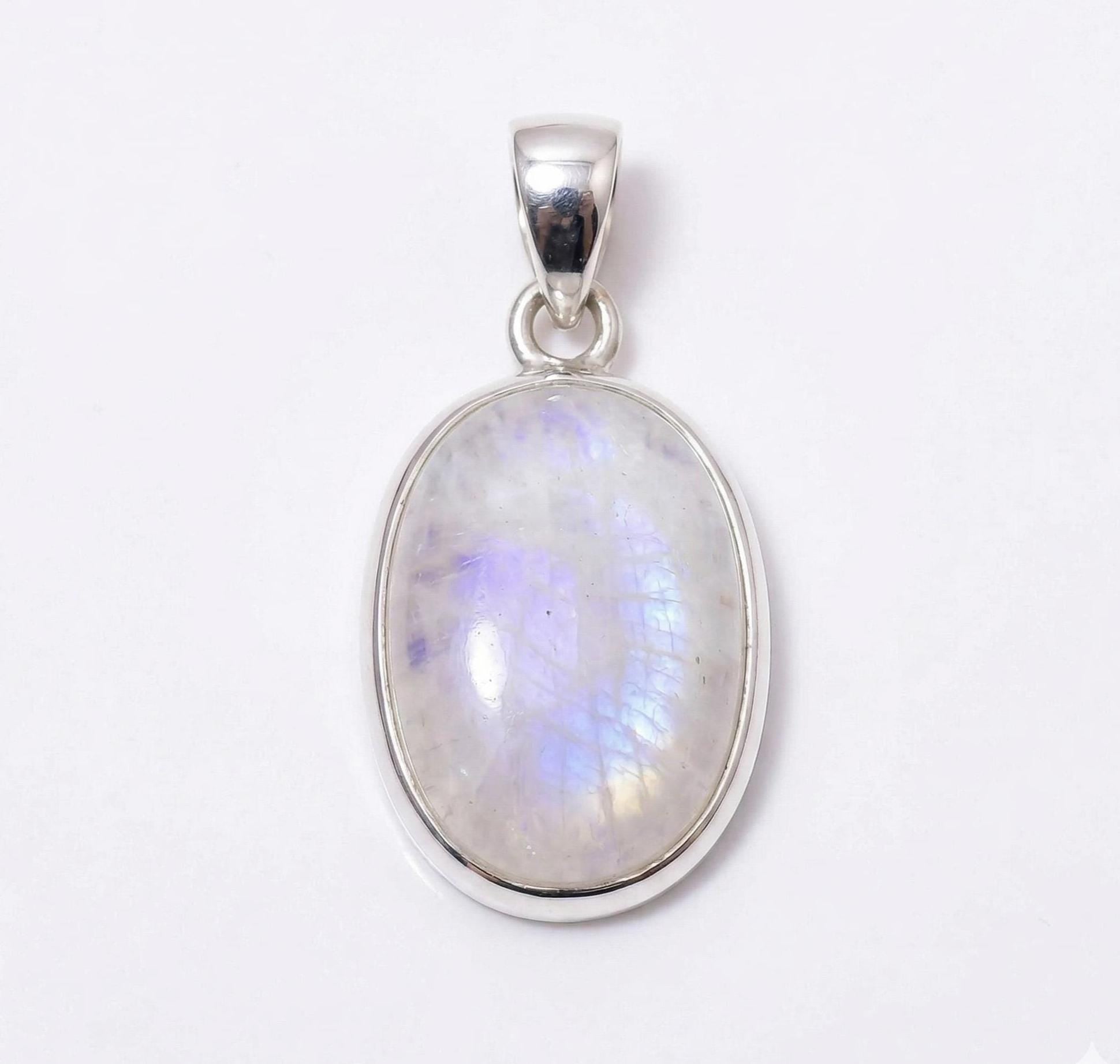 Oval Rainbow Moonstone Pendant – Sterling Silver Boho Gemstone Necklace