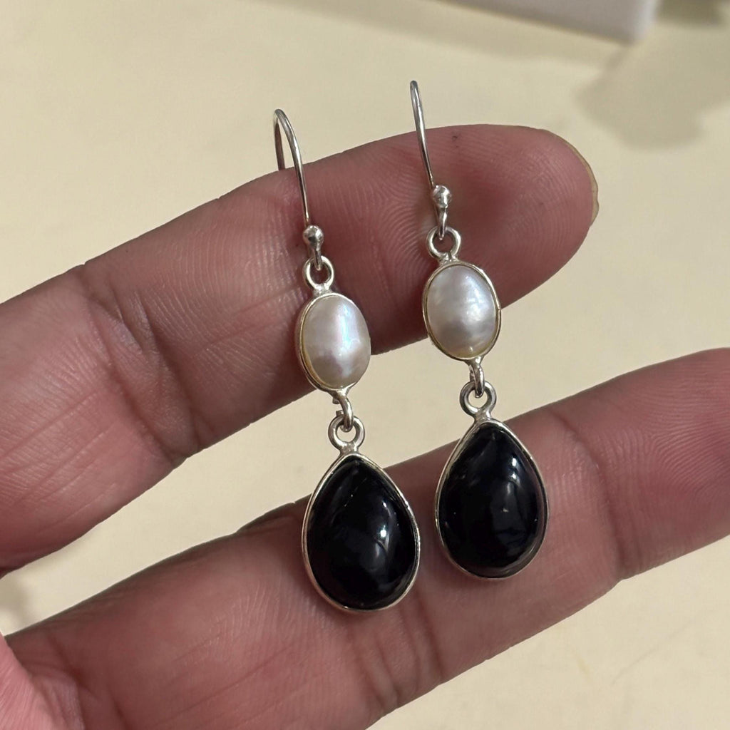 Black Onyx Pearl Drop Earrings | 925 Sterling Silver Pear Gemstone Dangle