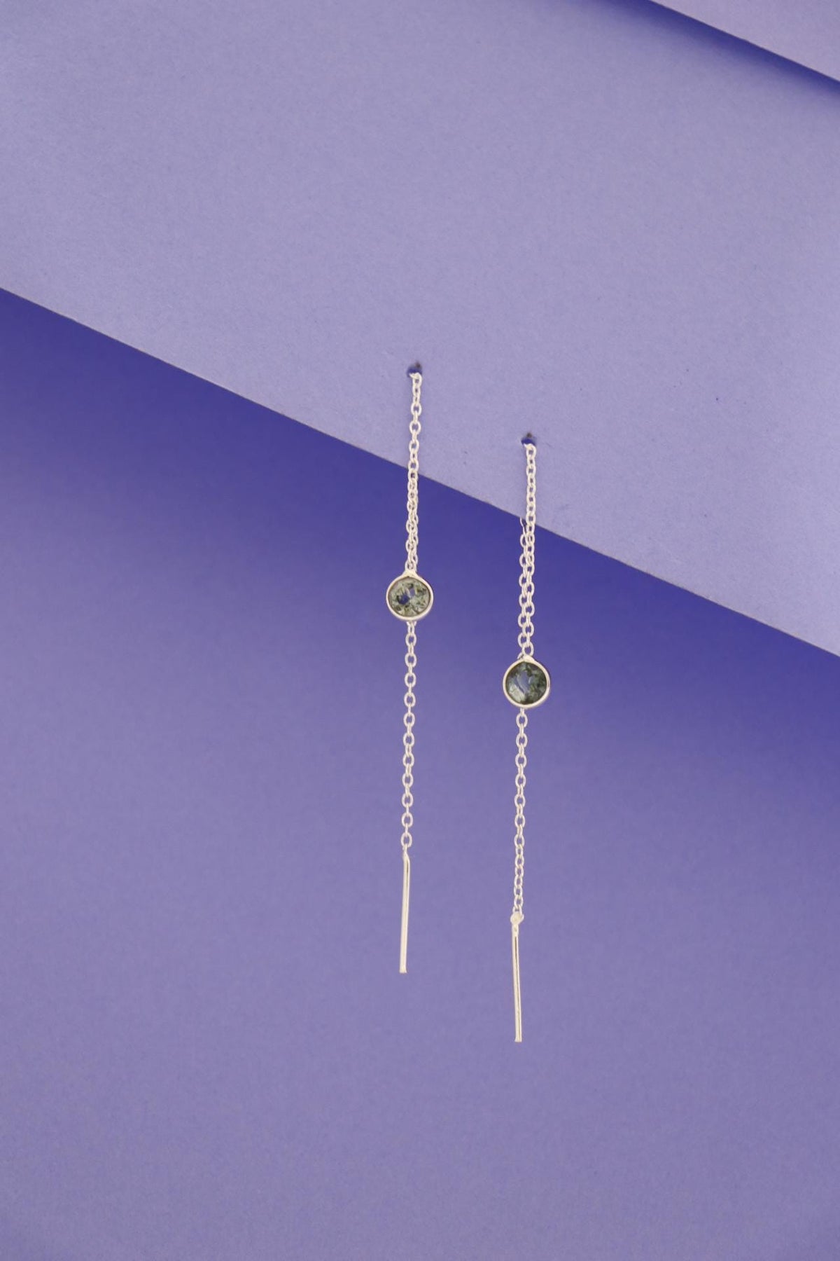 Green Tourmaline Threader Earrings | Sterling Silver Dainty Chain Drop Jewelry