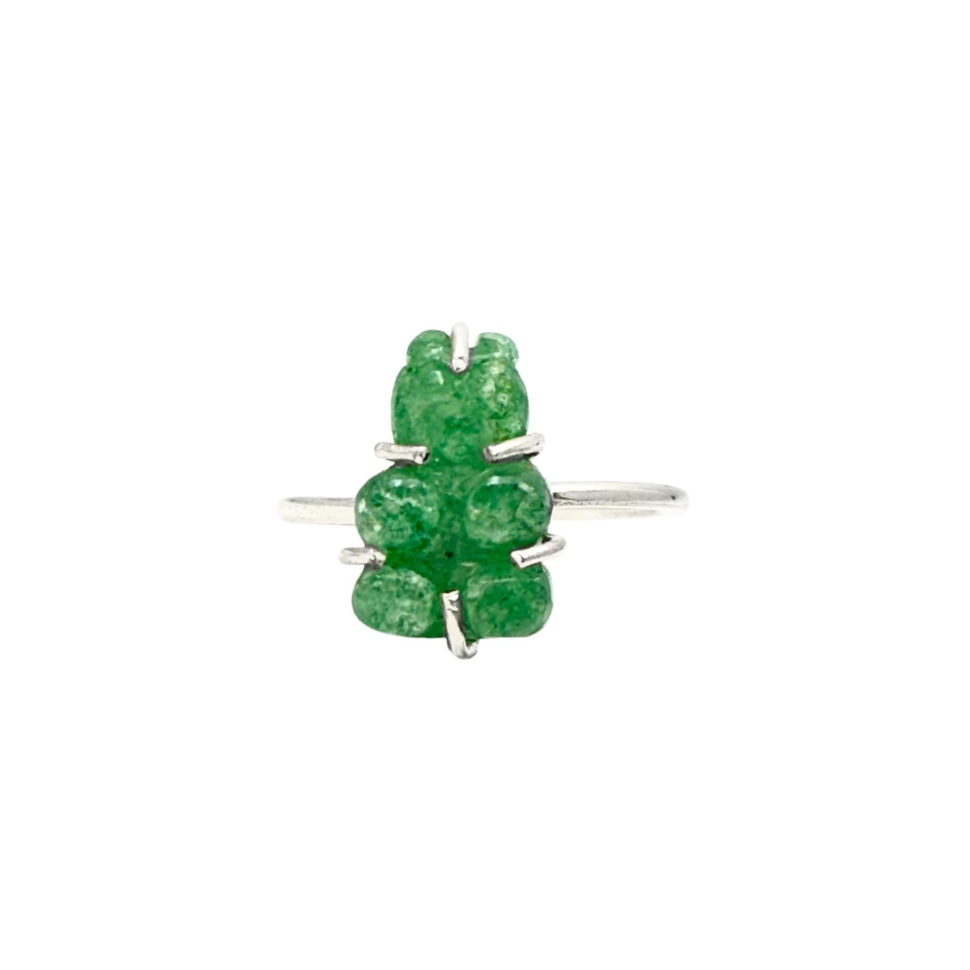 Sterling Silver Green Gemstone Teddy Bear Ring: Handmade Animal Jewelry