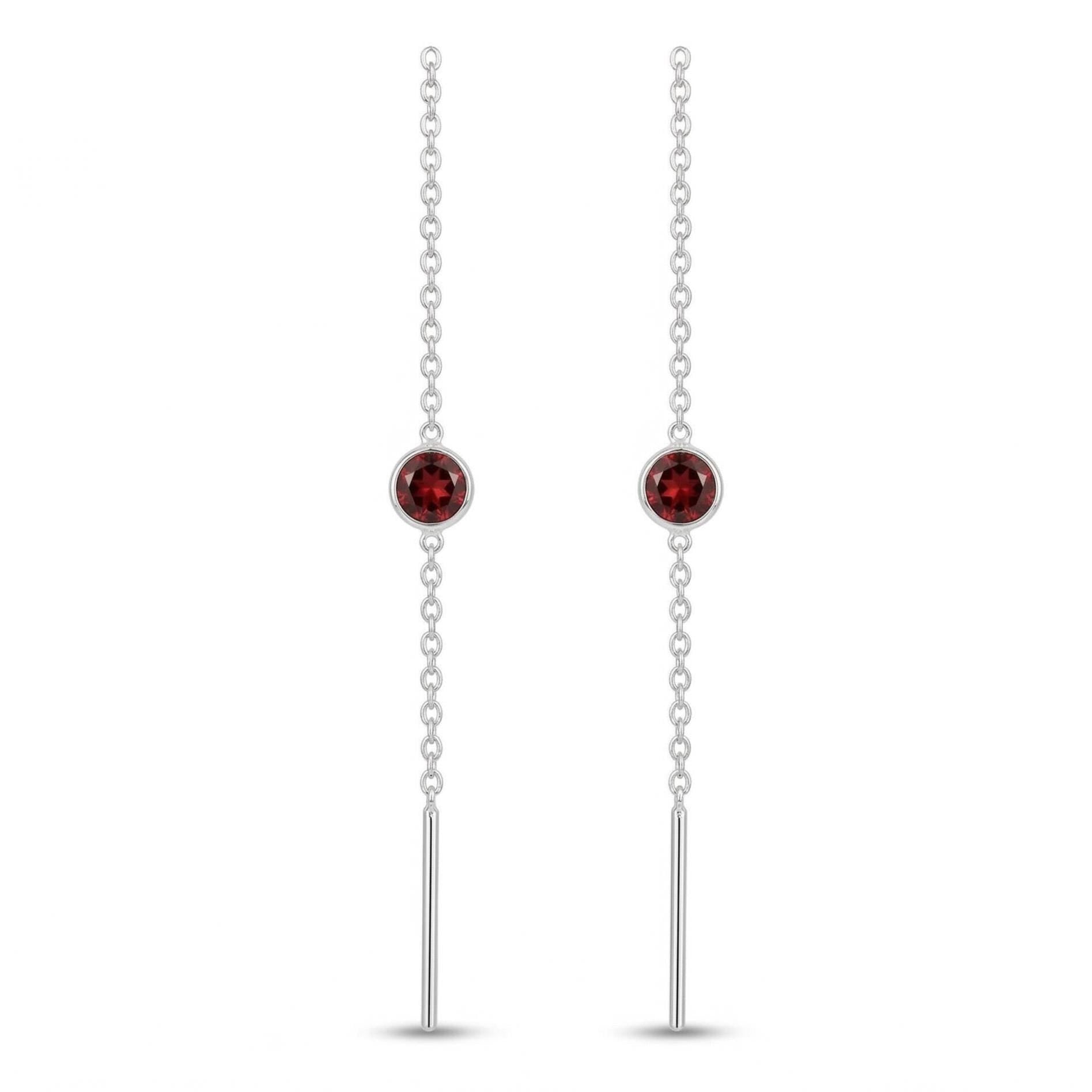 Garnet Threader Earrings 925 Sterling Silver | Dainty Chain Drop | January Birthstone | Minimalist Jewelry