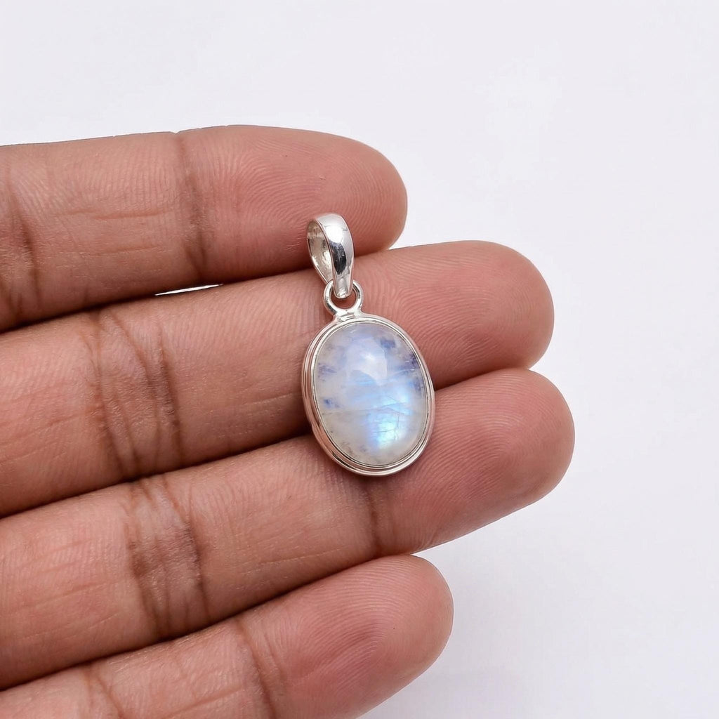 Oval Rainbow Moonstone Pendant – Sterling Silver Boho Gemstone Necklace