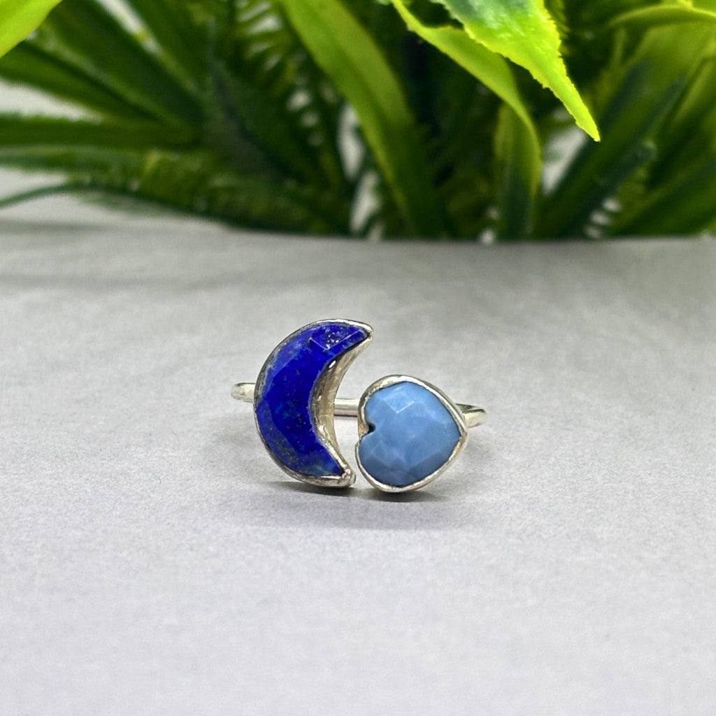 Natural Lapis & Opal Heart Ring | 925 Sterling Silver | Celestial Gemstone Band | Handmade Ring Jaipur