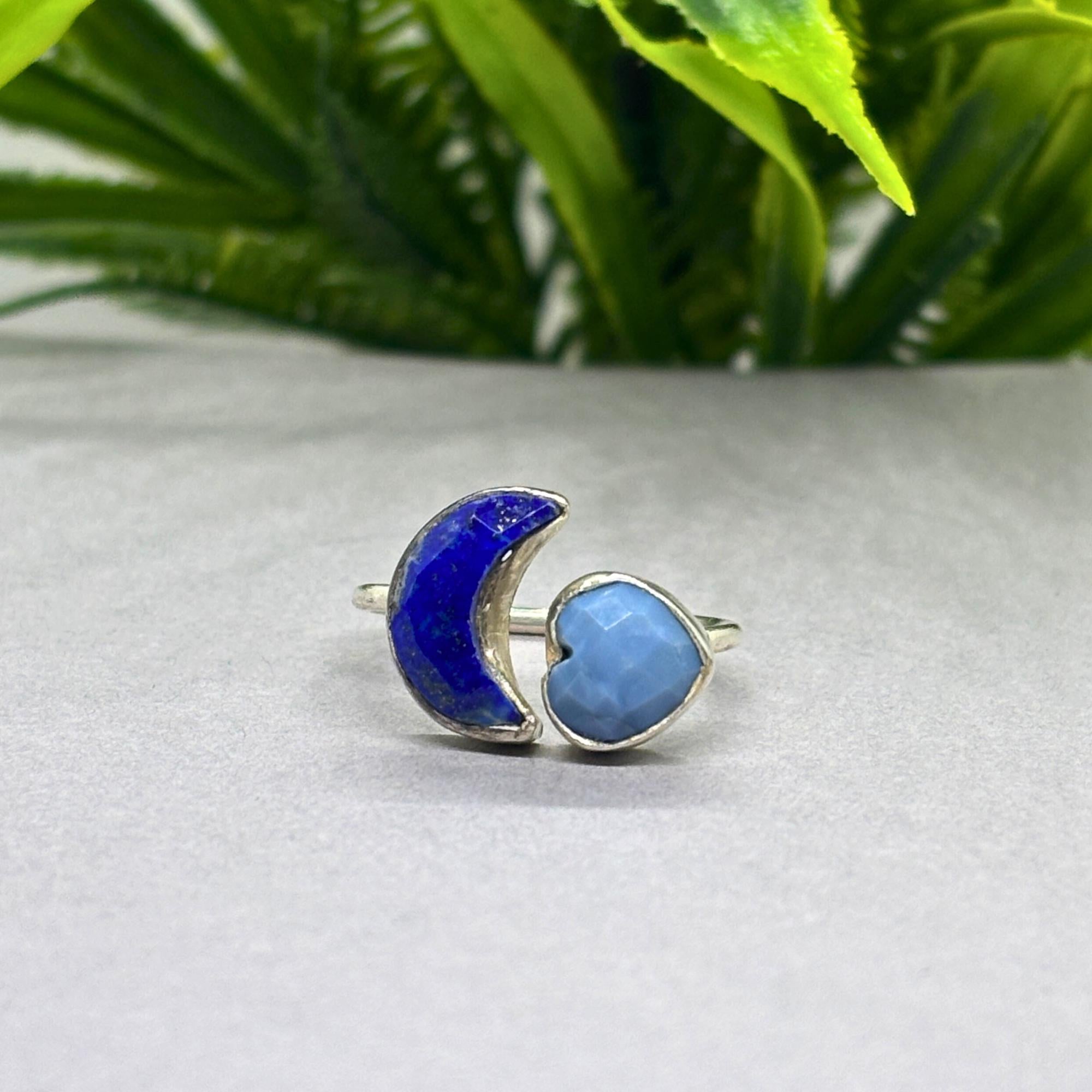Natural Lapis & Opal Heart Ring | 925 Sterling Silver | Celestial Gemstone Band | Handmade Ring Jaipur