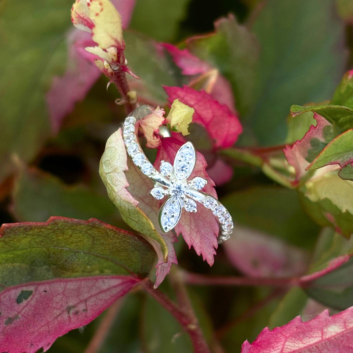 925 Sterling Silver CZ Flower Ring - Dainty Floral Marquise Petal Design with Pave CZ, Boho Nature Stacking Ring, Jewelry Gift for Her