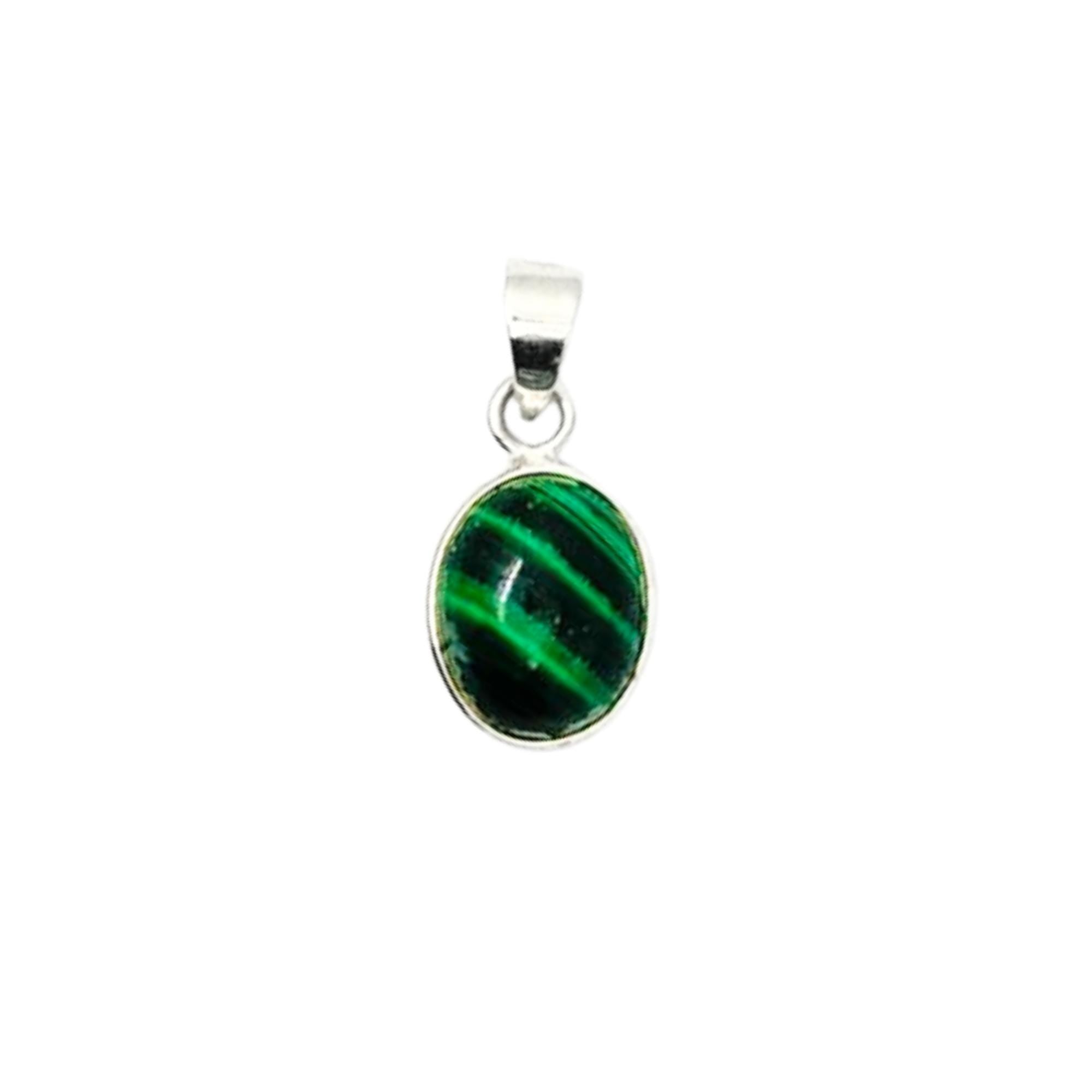 Malachite Pendant Necklace - Oval Green Gemstone, Sterling Silver Charm