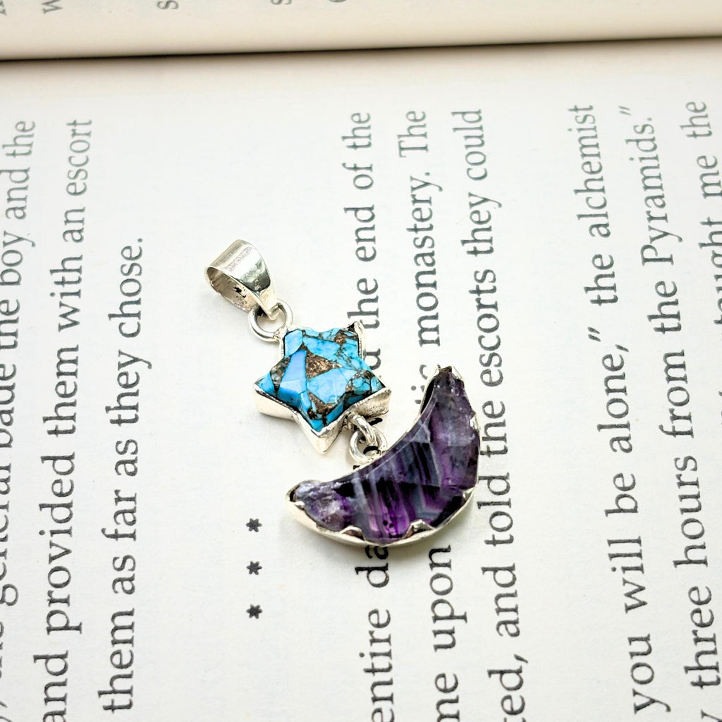 Turquoise Star & Rainbow Fluorite Moon Pendant: Handmade Silver Celestial Necklace