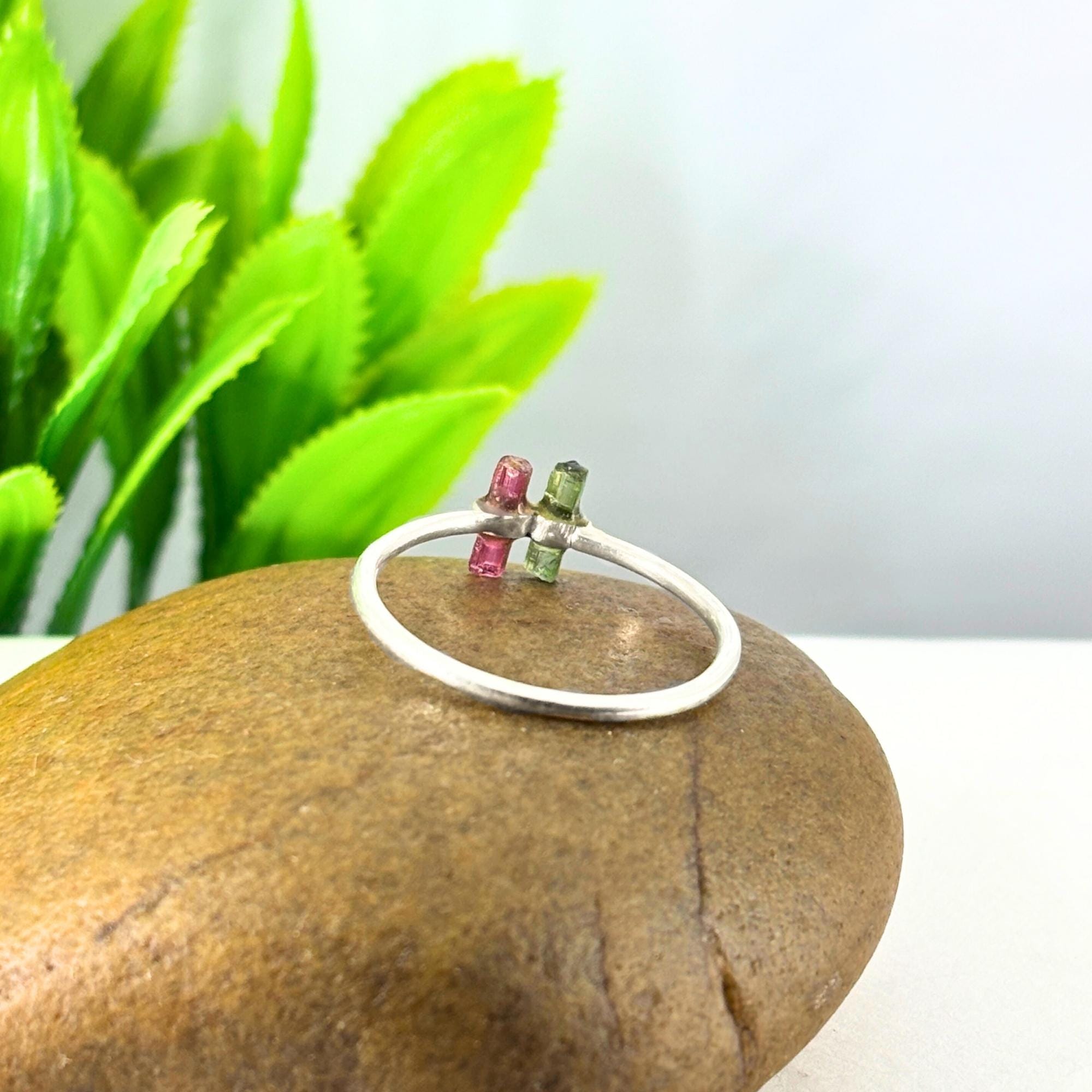 Watermelon Tourmaline Bar Sterling Silver Ring | Raw Gemstone Stacking Ring | Handmade Minimalist Statement Jewelry