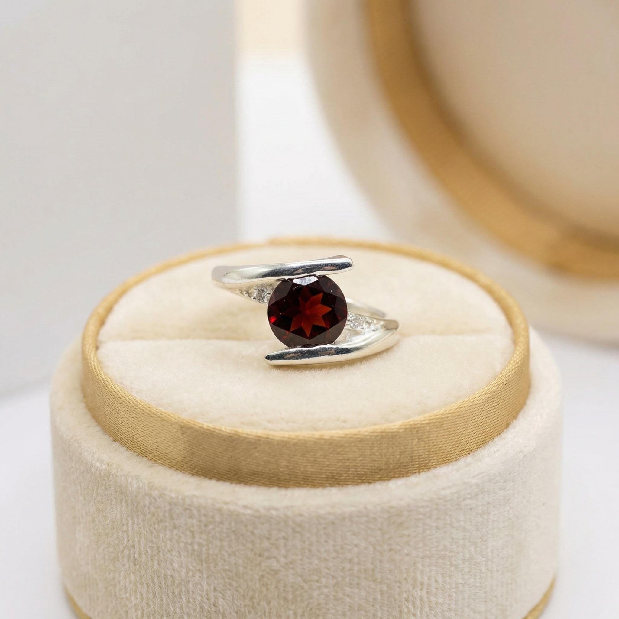 Natural Garnet & CZ Ring | 925 Sterling Silver | Gemstone Band | Handmade Ring Jaipur