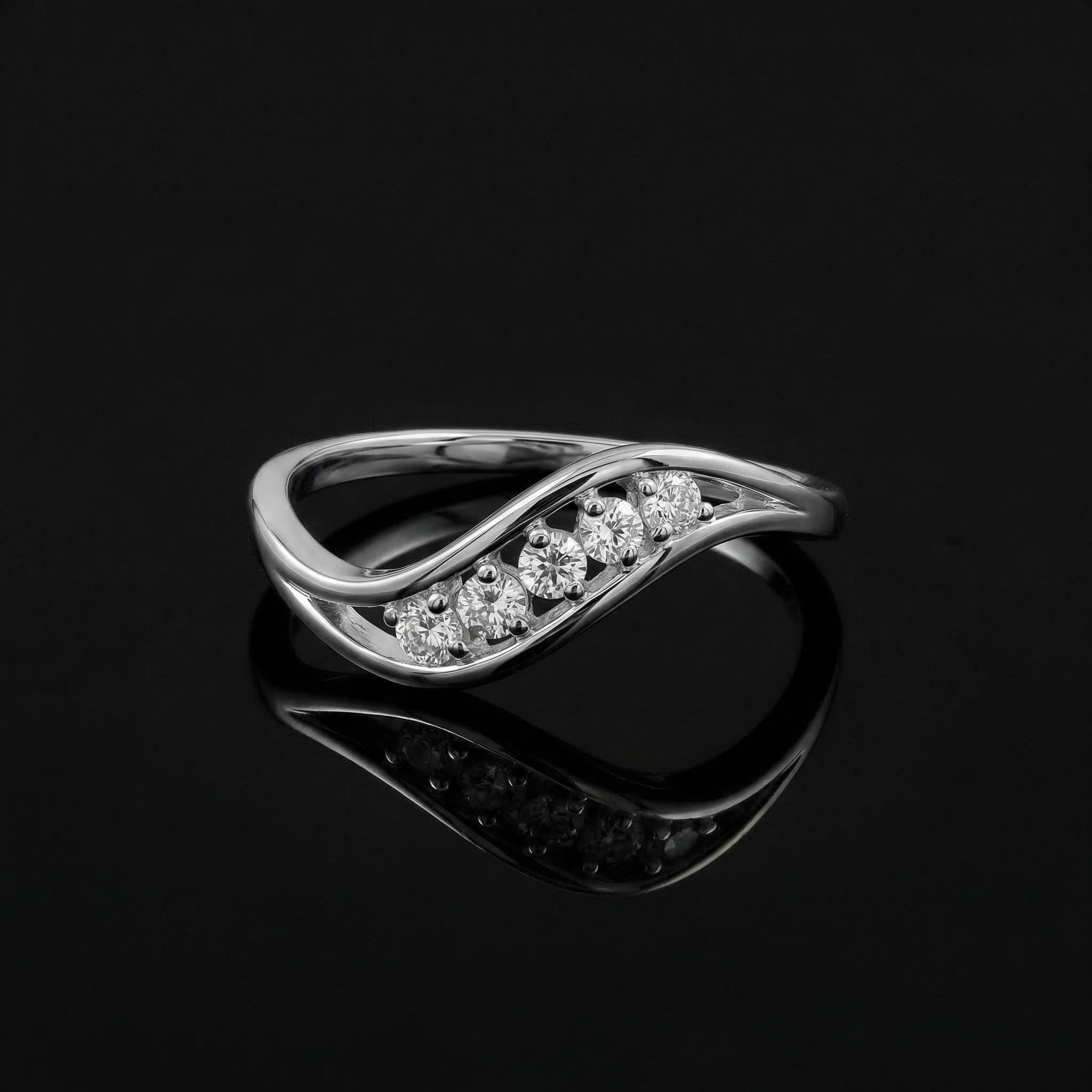 Sterling Silver CZ Wave Ring, Five Pavé Stones, Dainty Stackable Band