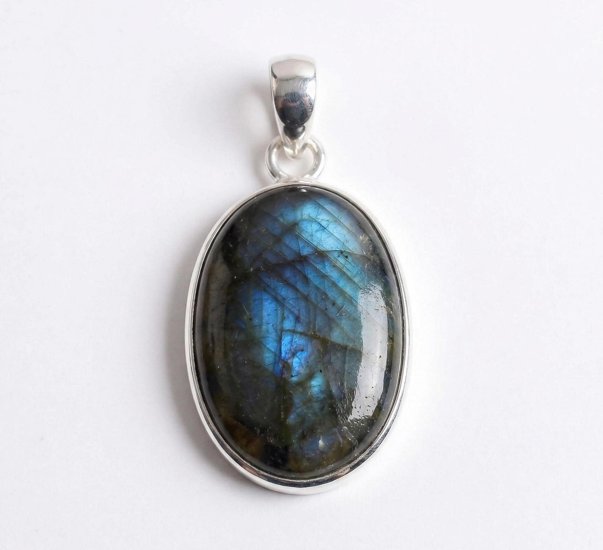 Labradorite Oval Pendant: Sterling Silver Celestial Necklace