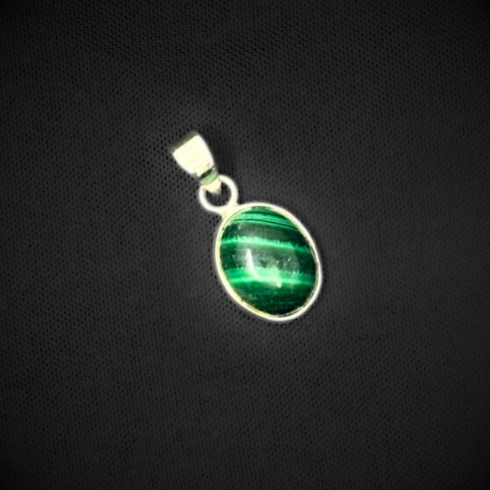 Malachite Pendant Necklace - Oval Green Gemstone, Sterling Silver Charm