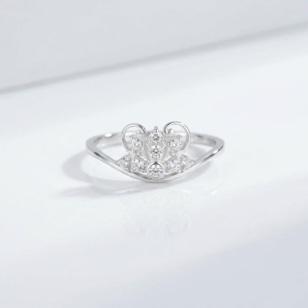 Sterling Silver Tiara Ring • Sparkling CZ Lotus Flower Band • Regal Filigree Motif