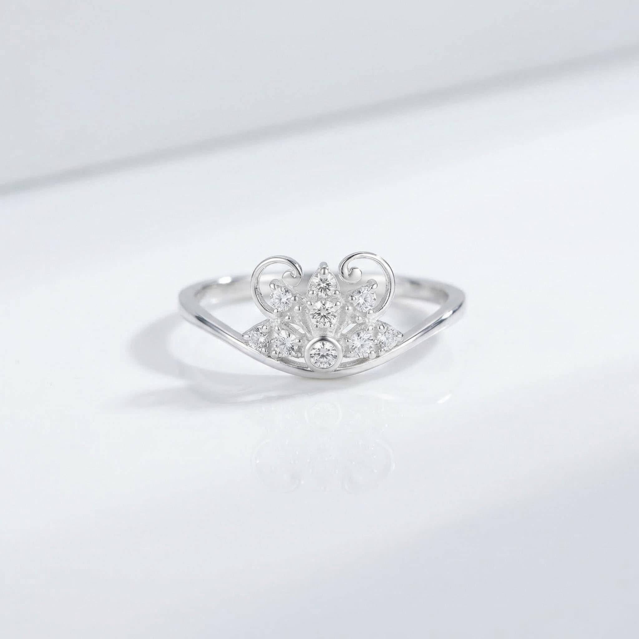 Sterling Silver Tiara Ring • Sparkling CZ Lotus Flower Band • Regal Filigree Motif
