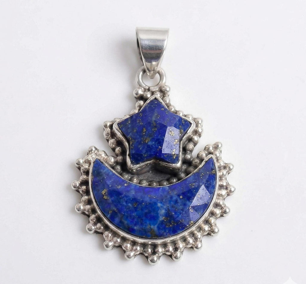 Natural Lapis Lazuli Crescent Moon Star Sterling Silver Pendant - Celestial Blue Gem