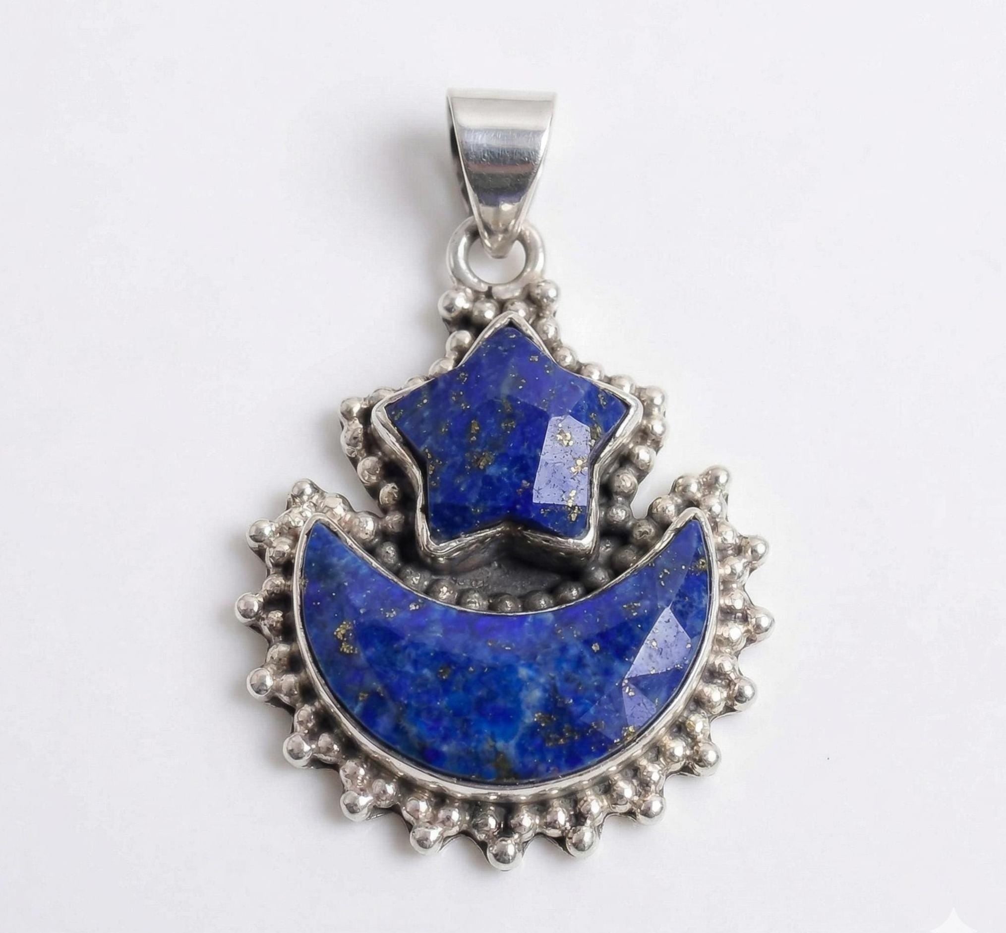Natural Lapis Lazuli Crescent Moon Star Sterling Silver Pendant - Celestial Blue Gem